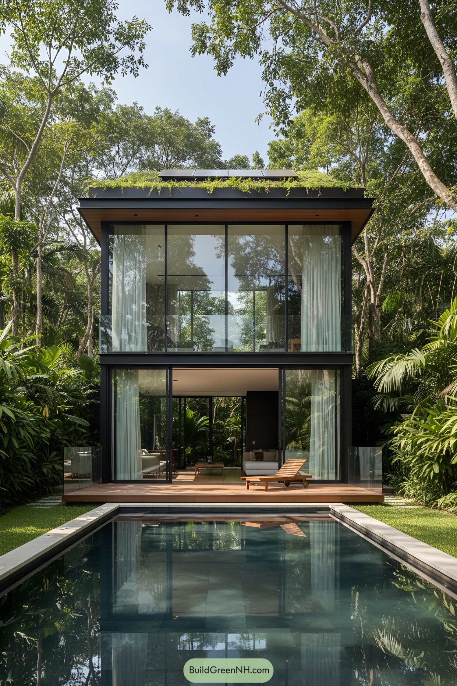Modern house with glass facade surrounded by lush greenery