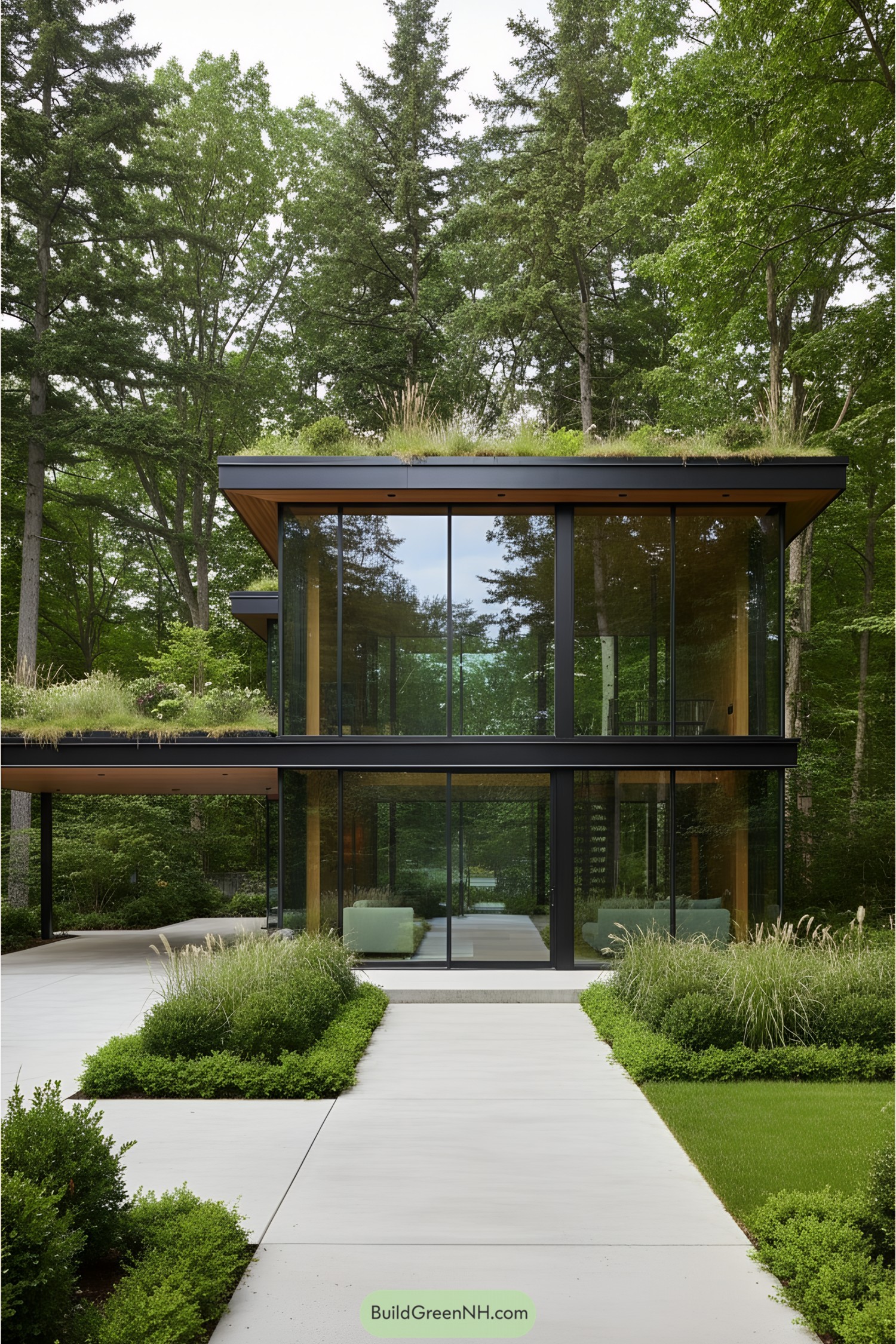 Modern glass house surrounded by trees and plants
