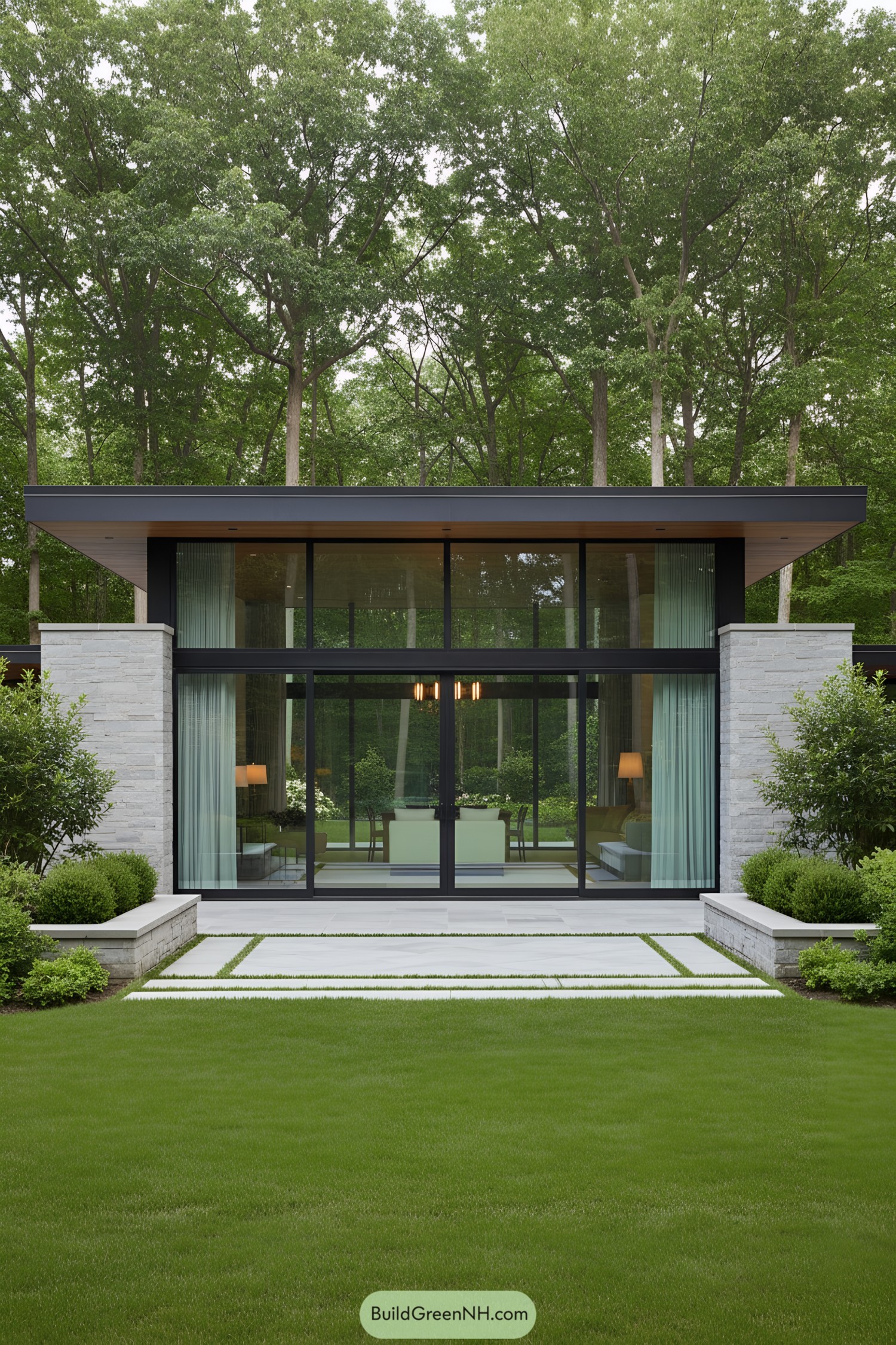 Modern glass house surrounded by lush trees