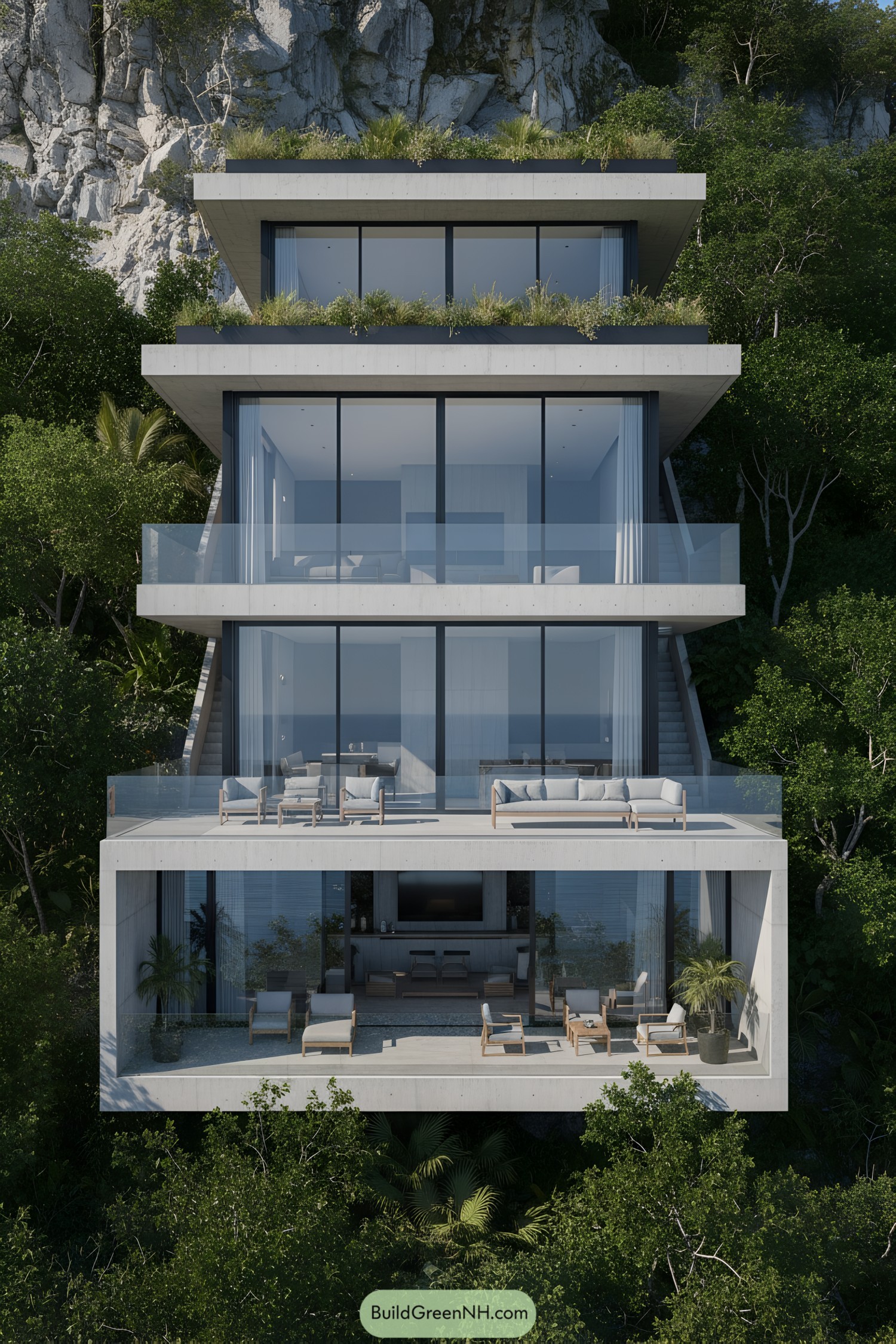 Modern multi-level glass house surrounded by lush greenery