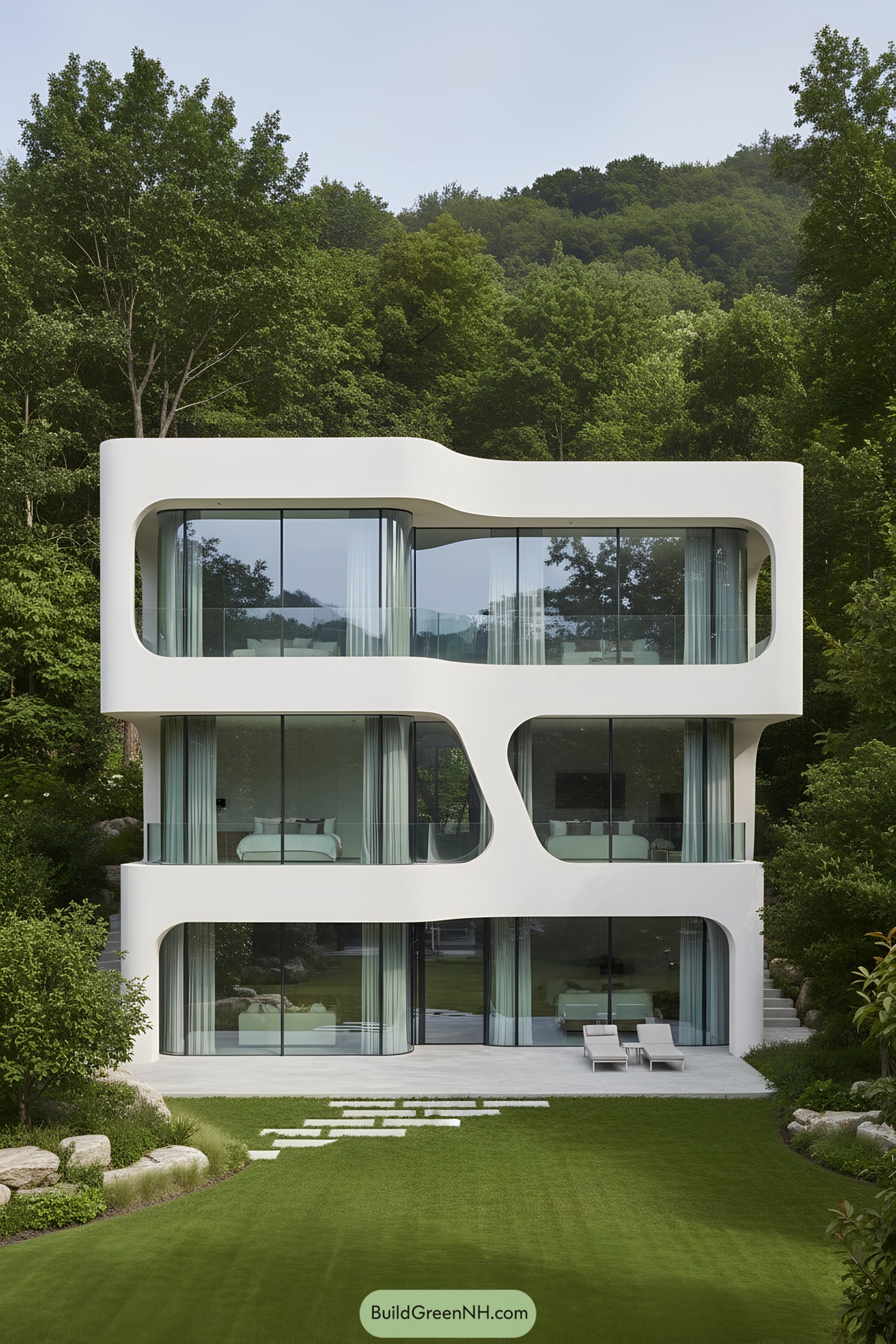 Modern glass house with unique design surrounded by lush greenery
