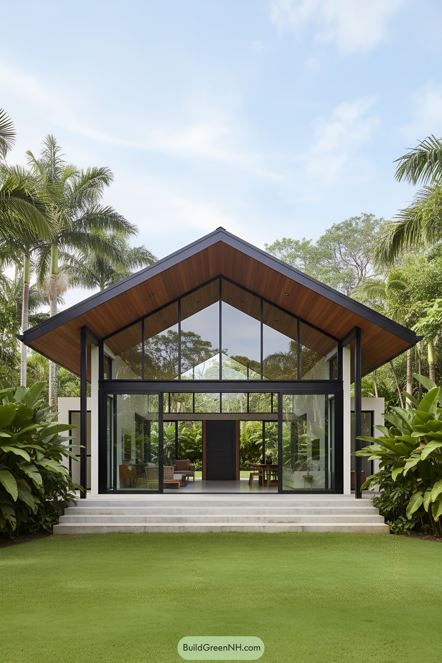 Modern glass house surrounded by lush foliage and palm trees