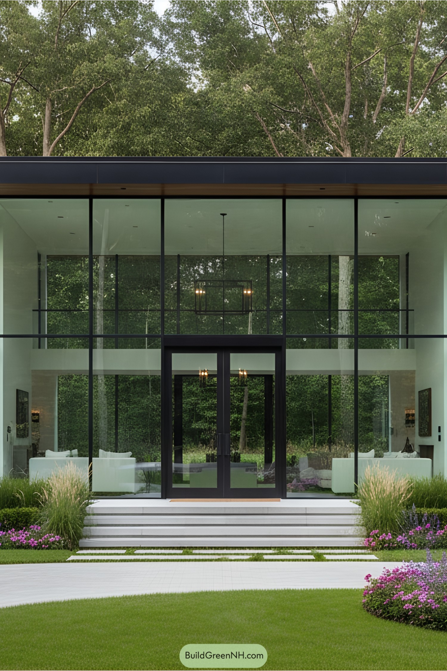 Modern glass house surrounded by lush trees and vibrant gardens