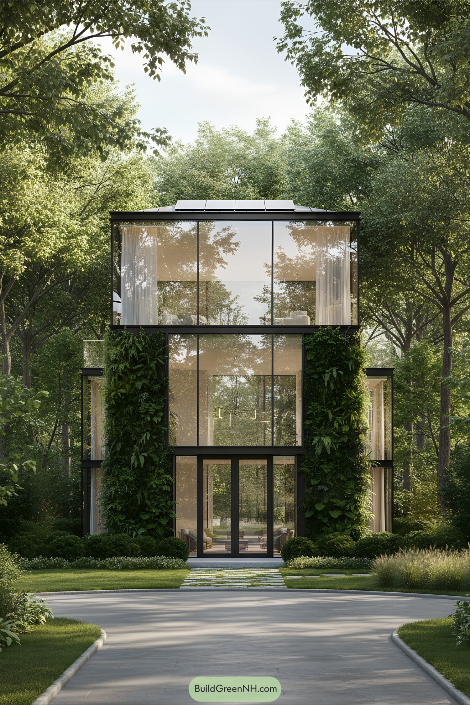 Modern glass house in a lush, green setting
