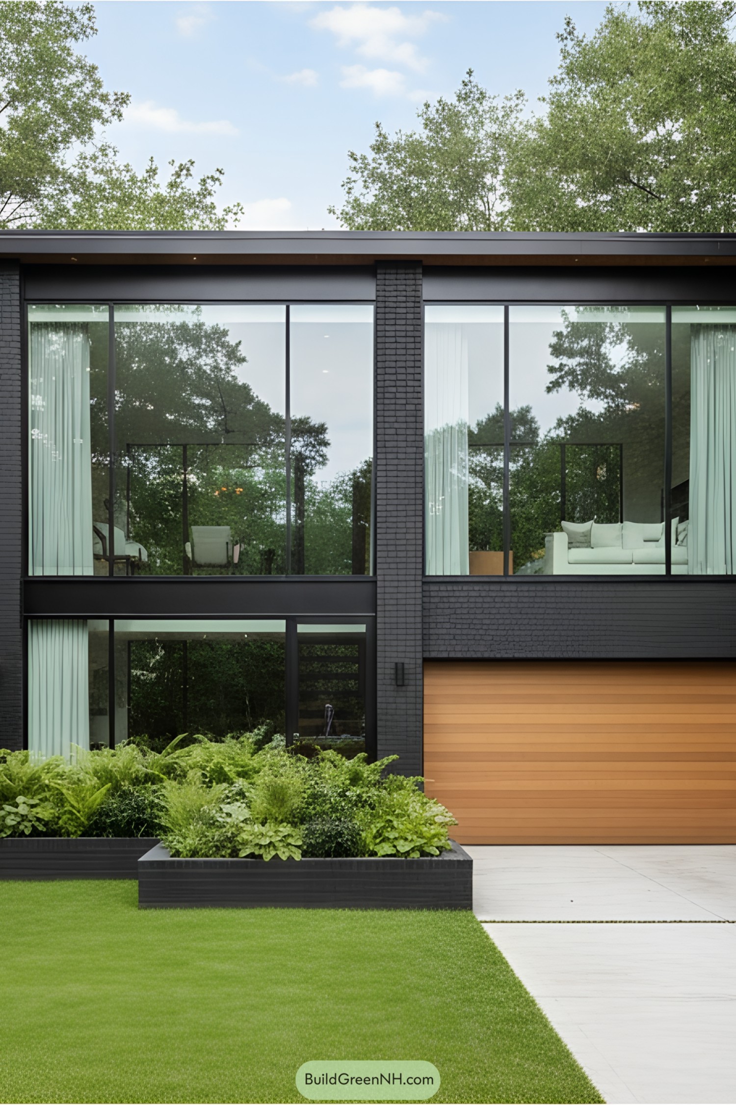 Modern house with large glass windows surrounded by lush greenery