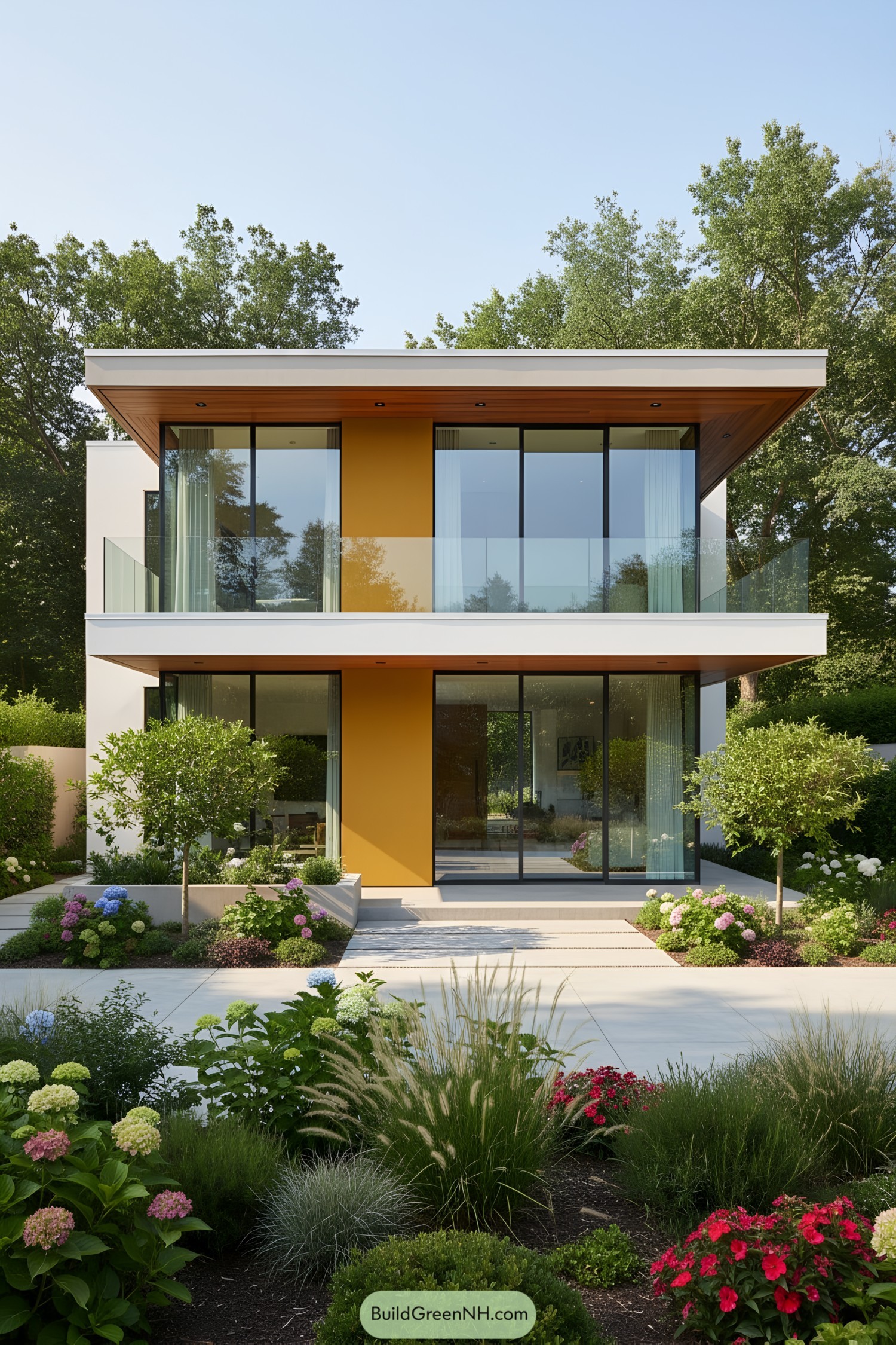 Modern glass house with lush greenery