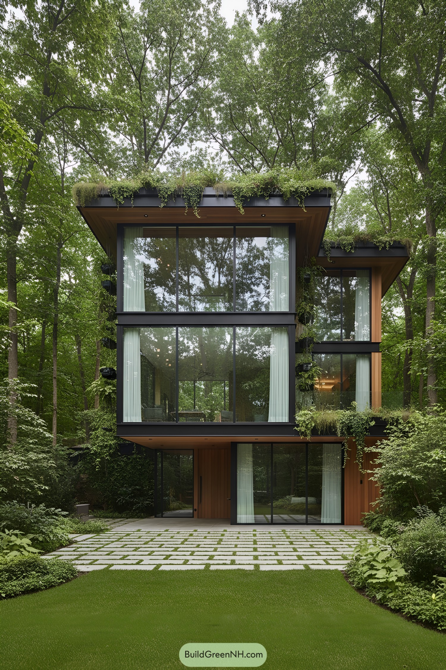 Modern glass house surrounded by lush greenery