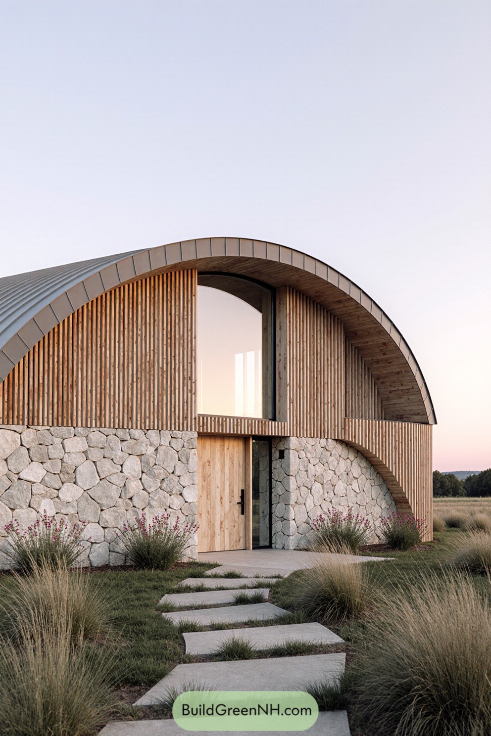 Modern house with curved roof, timber slats, and stone cladding