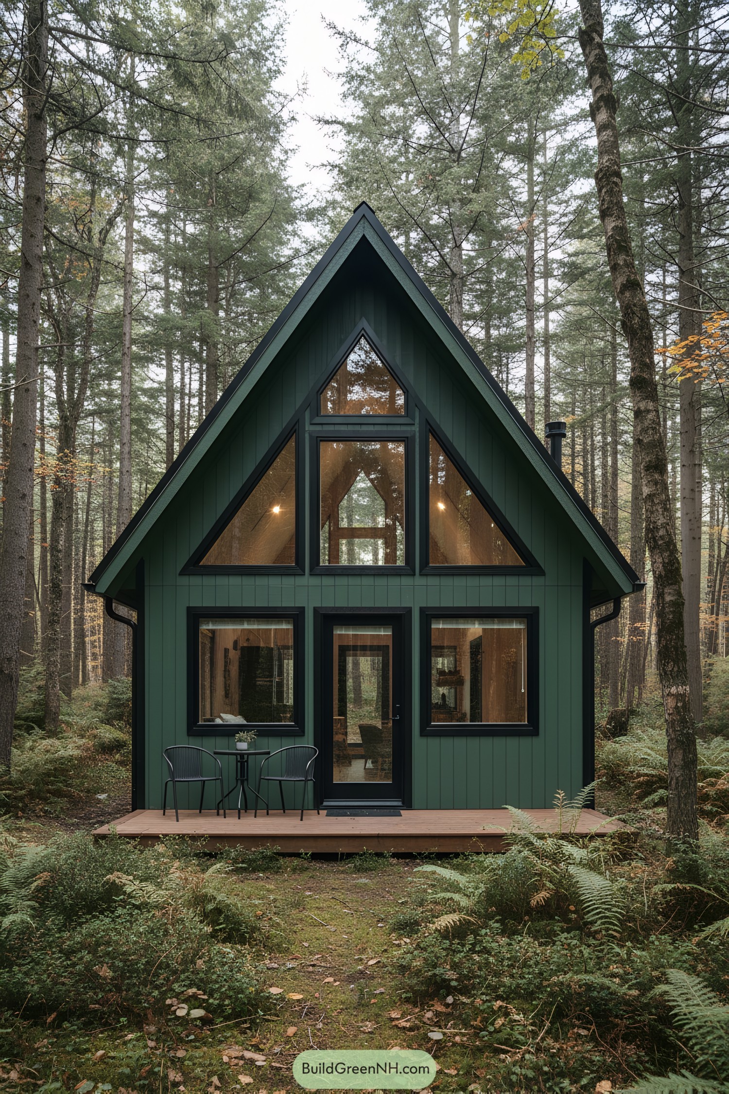 A-frame cabin amidst towering trees