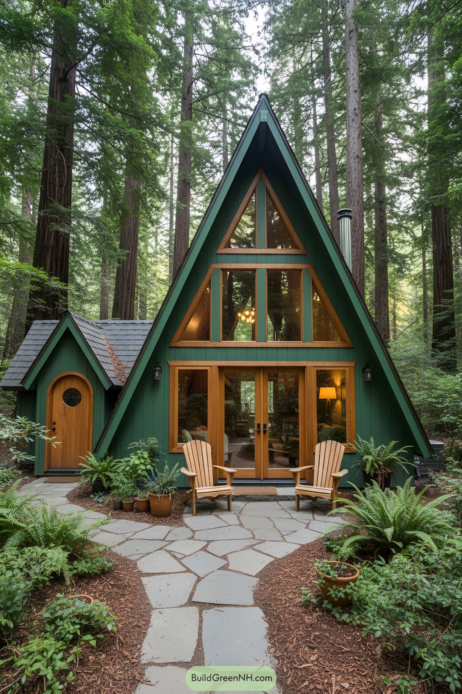 A-frame cabin nestled in lush forest with chairs outside