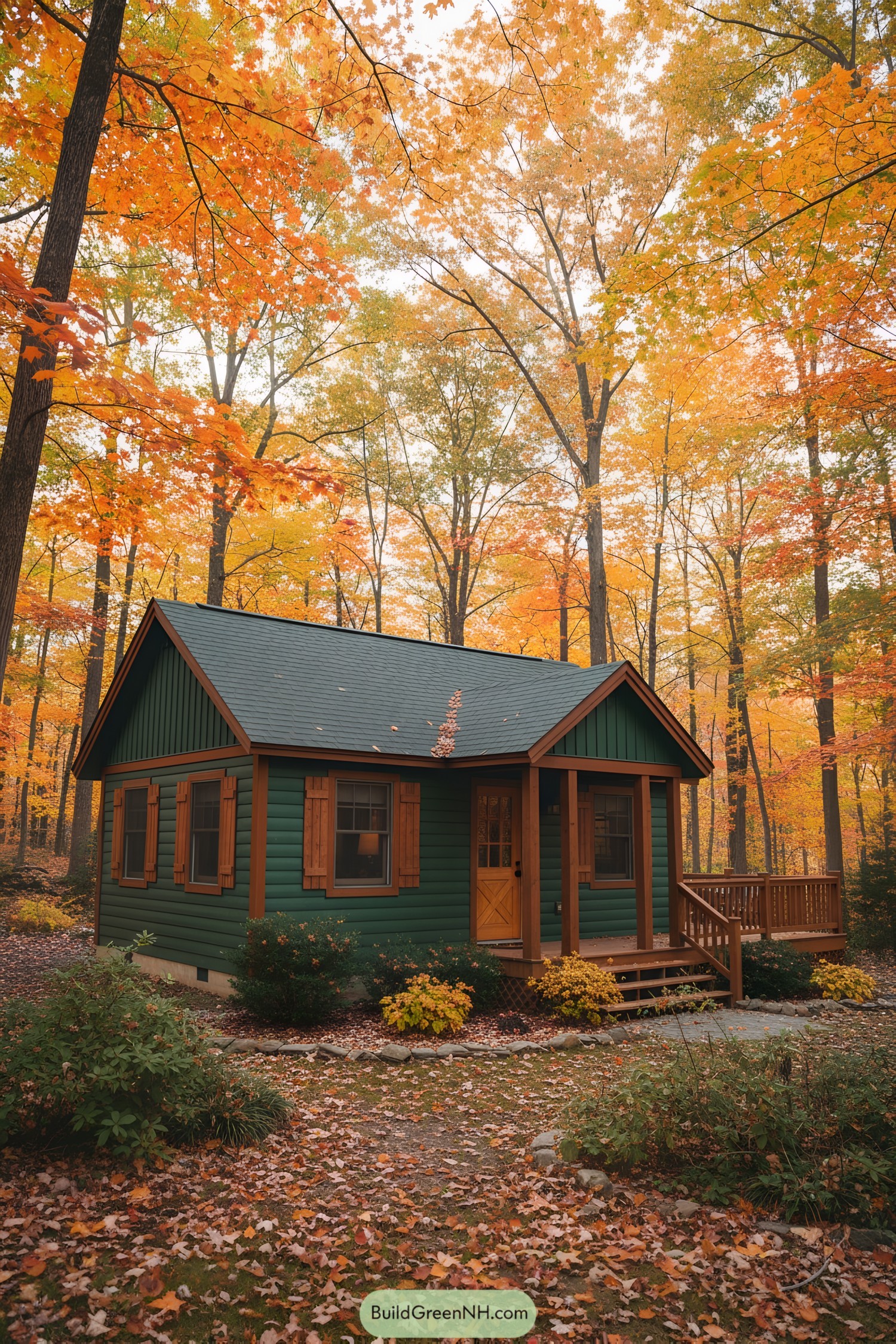 Cozy green cabin nestled among autumn trees