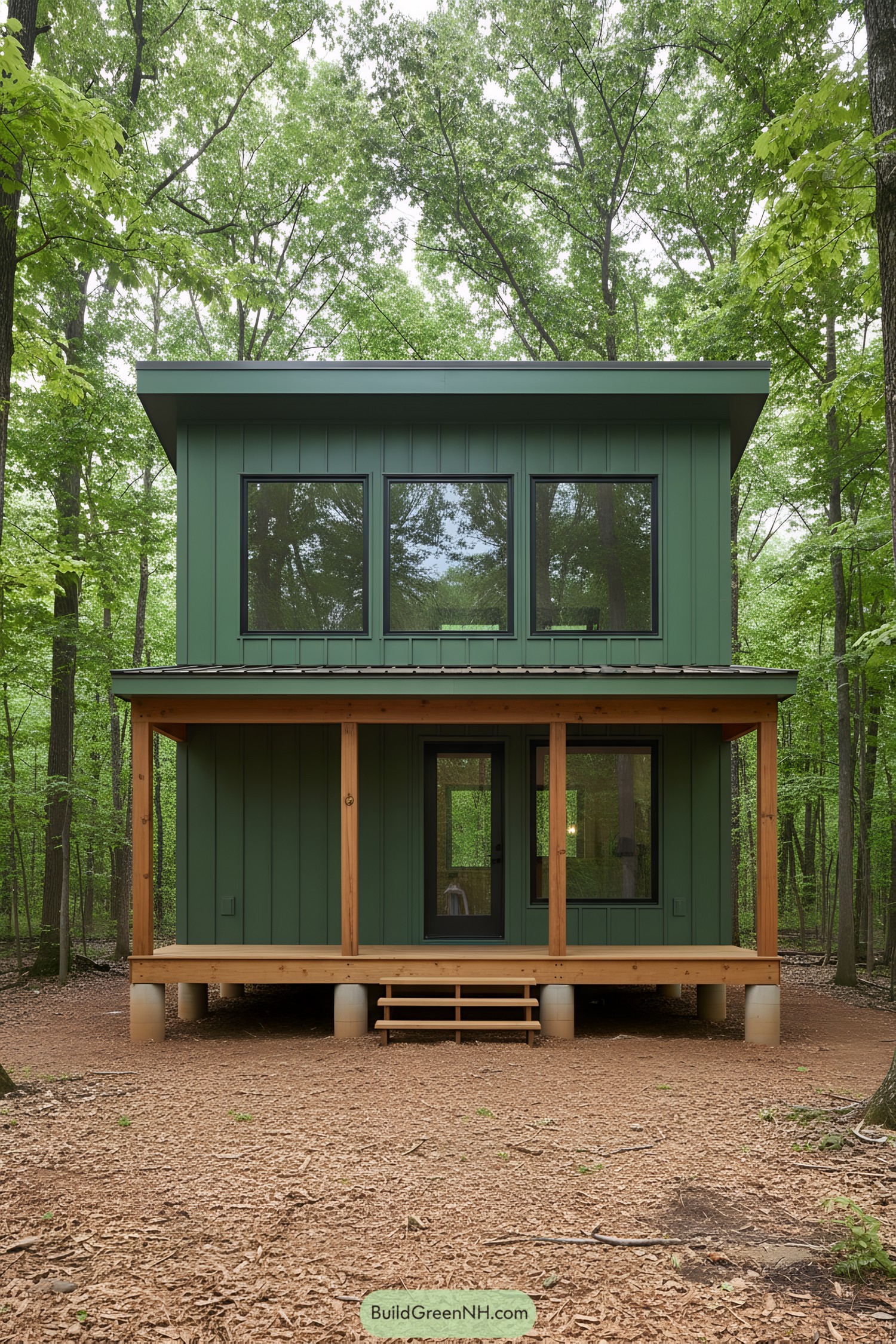 A green cabin in the forest with a wooden porch