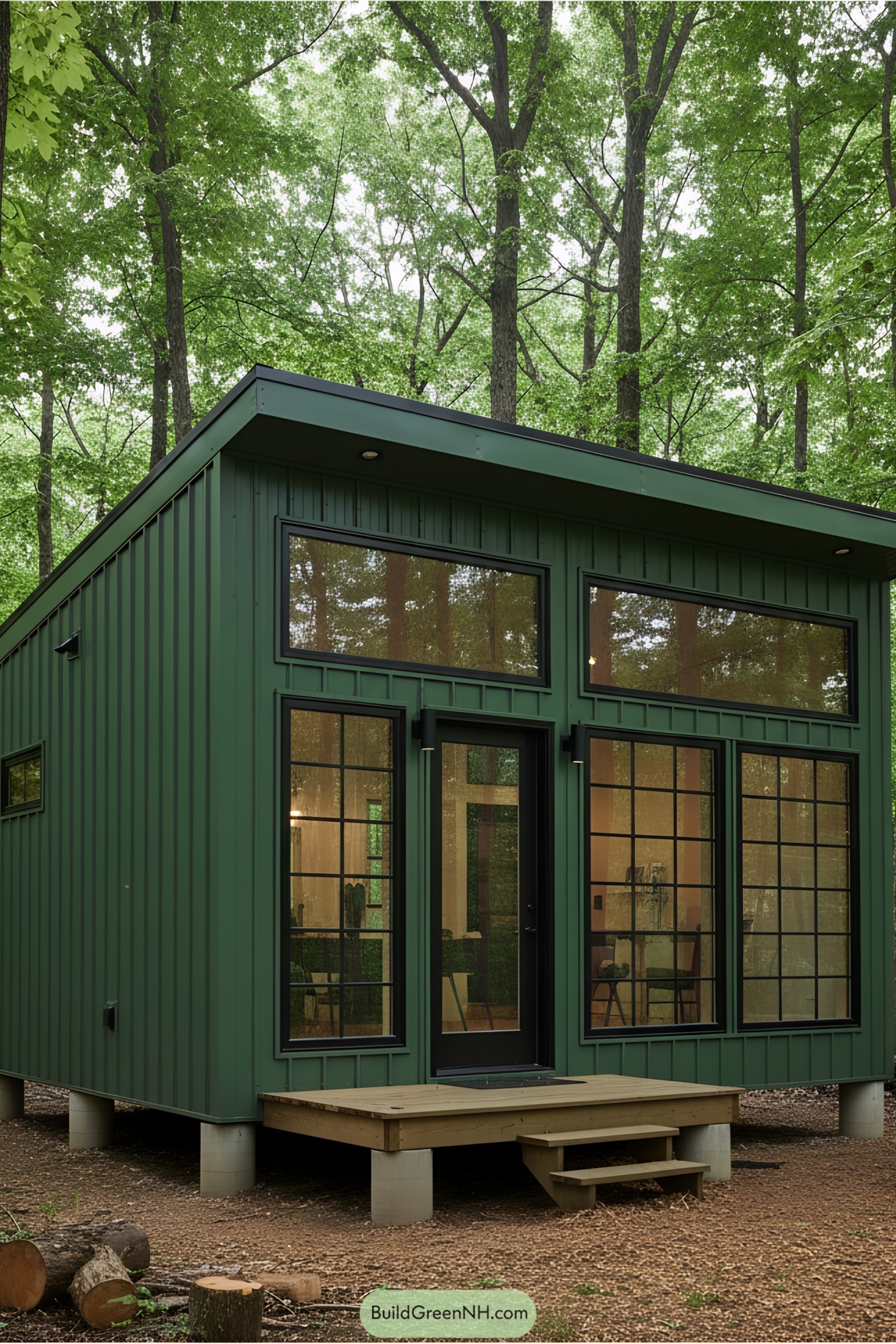Green cabin surrounded by dense trees