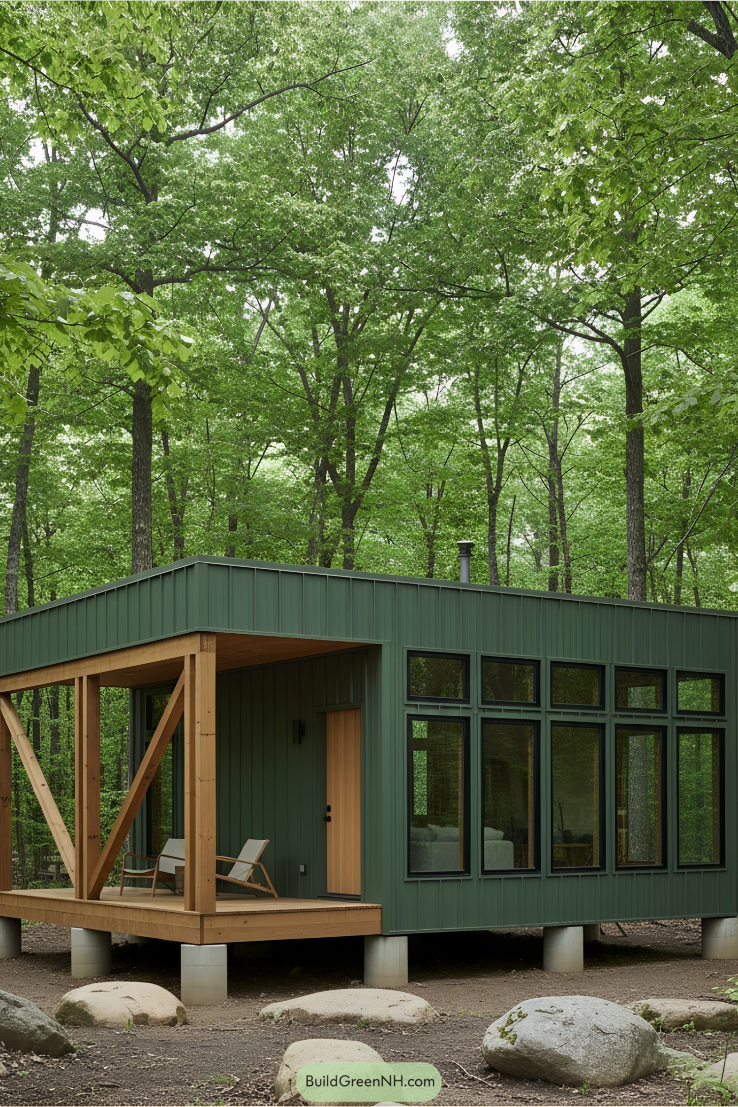 Simple green cabin in forest with large windows and wooden deck