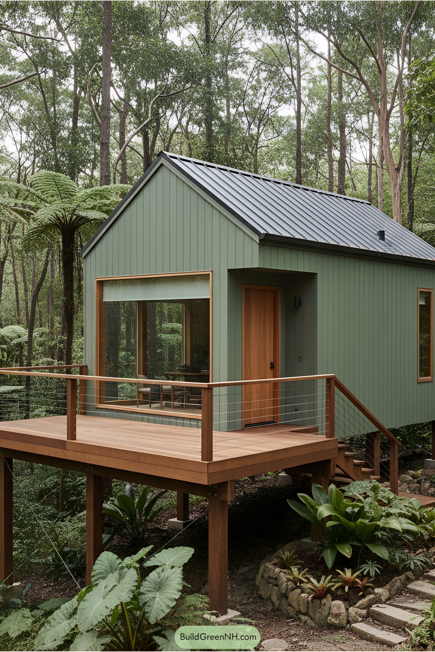 A small green cabin on stilts surrounded by a lush forest