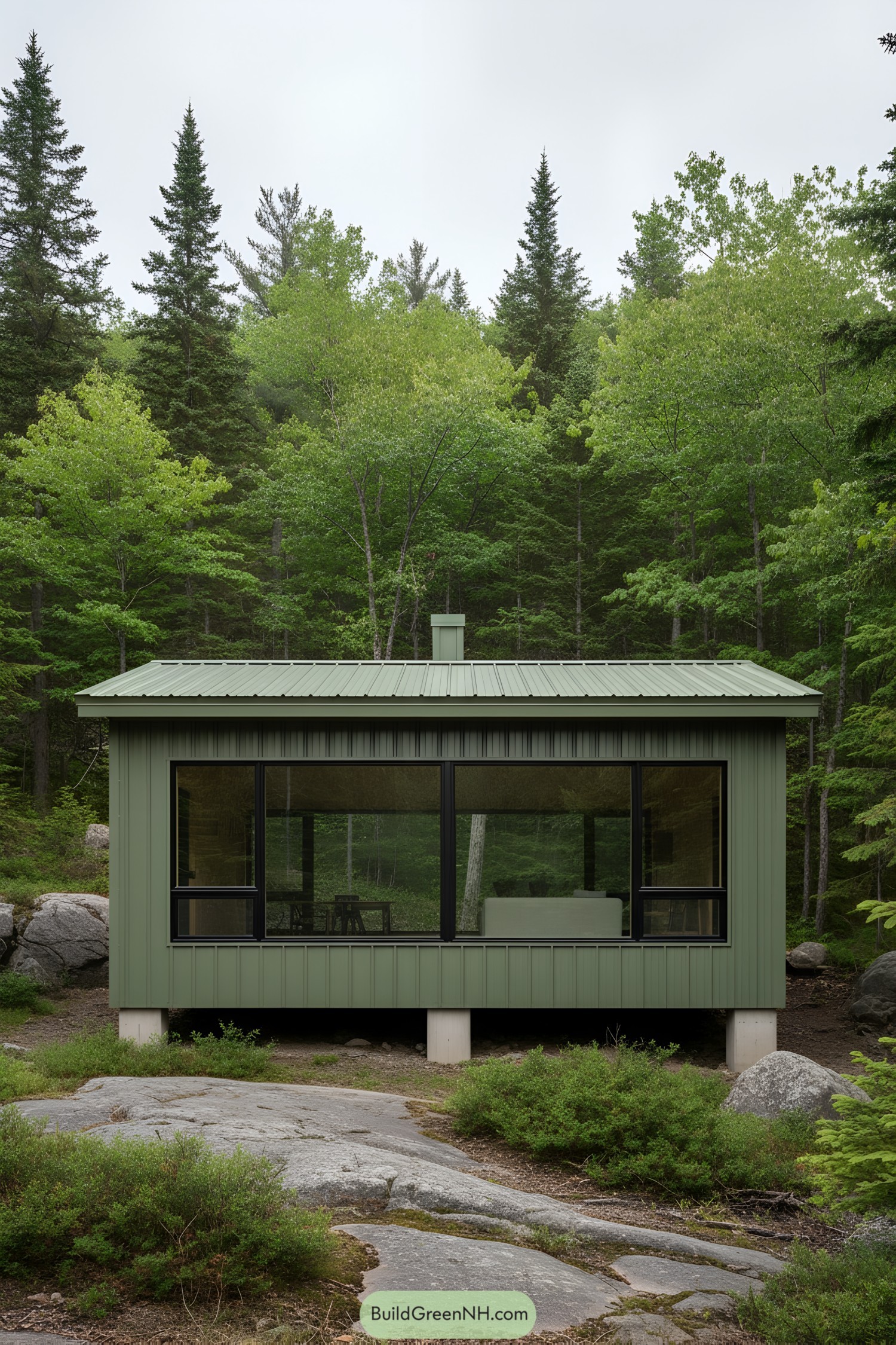 Compact green cabin nestled in the forest