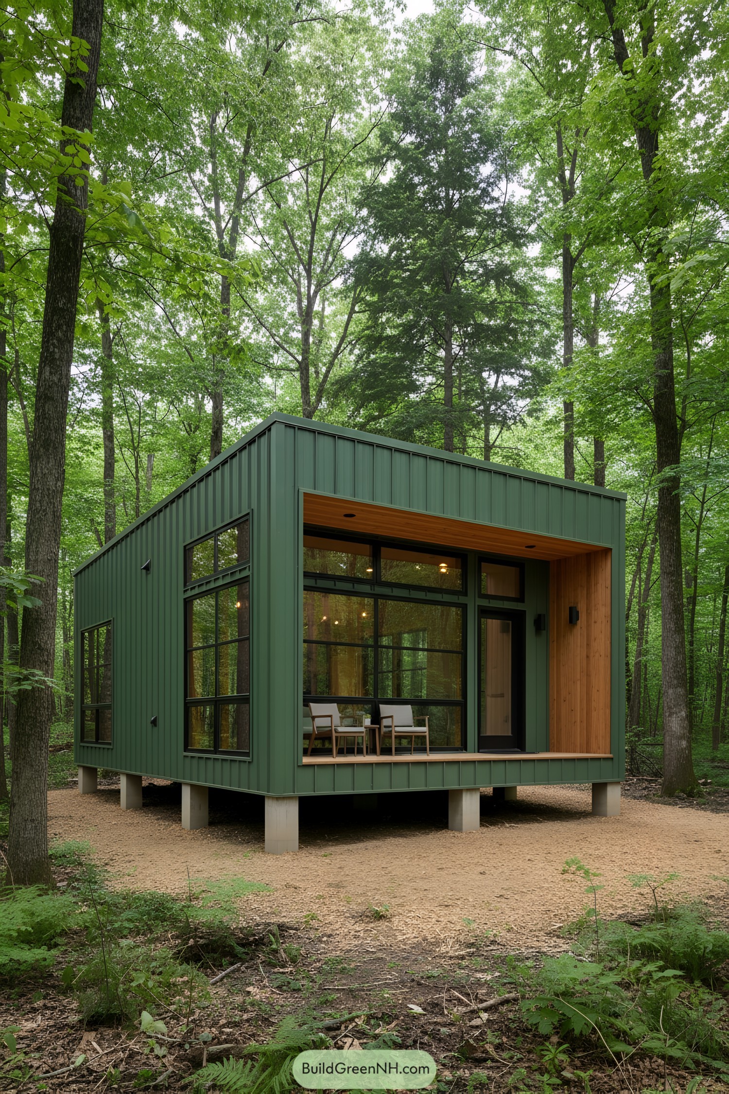 Cozy green cabin nestled in lush forest
