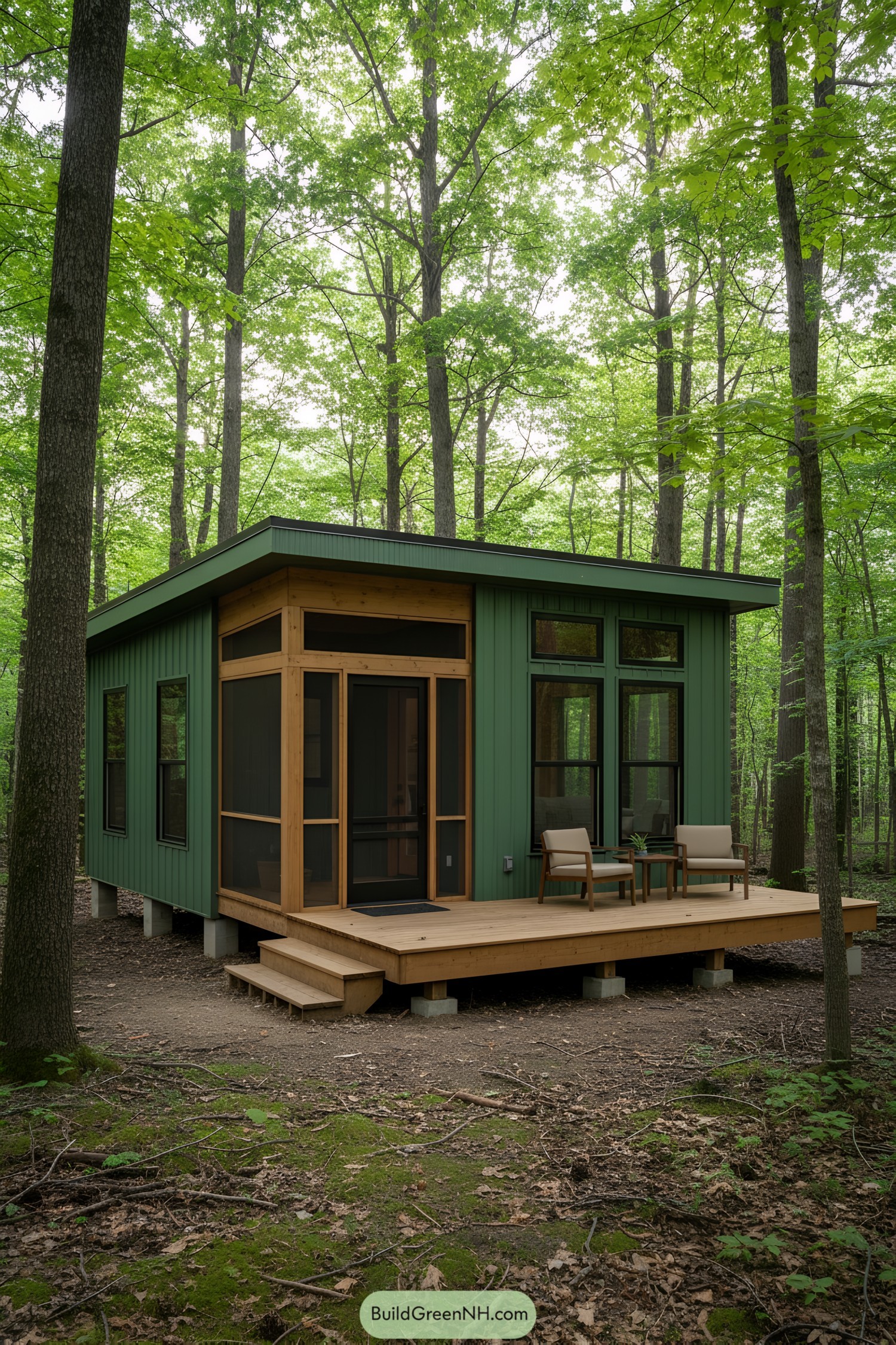 Small green cabin nestled in a lush forest
