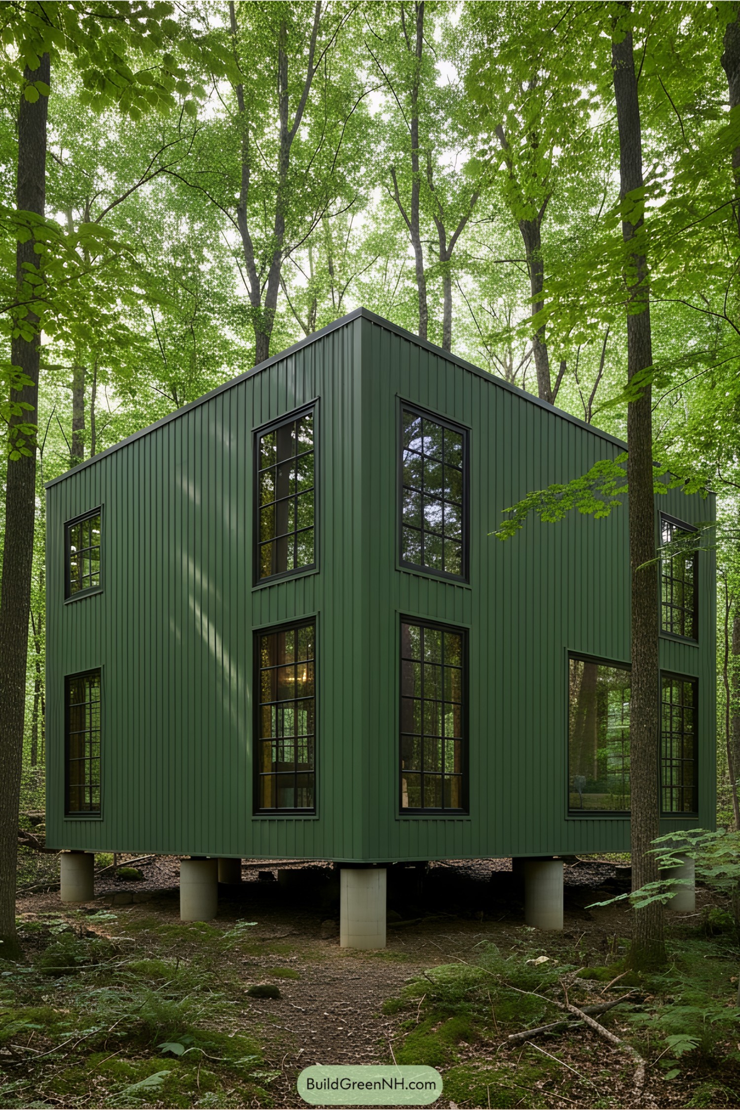 Green cabin elevated on pillars amidst lush forest