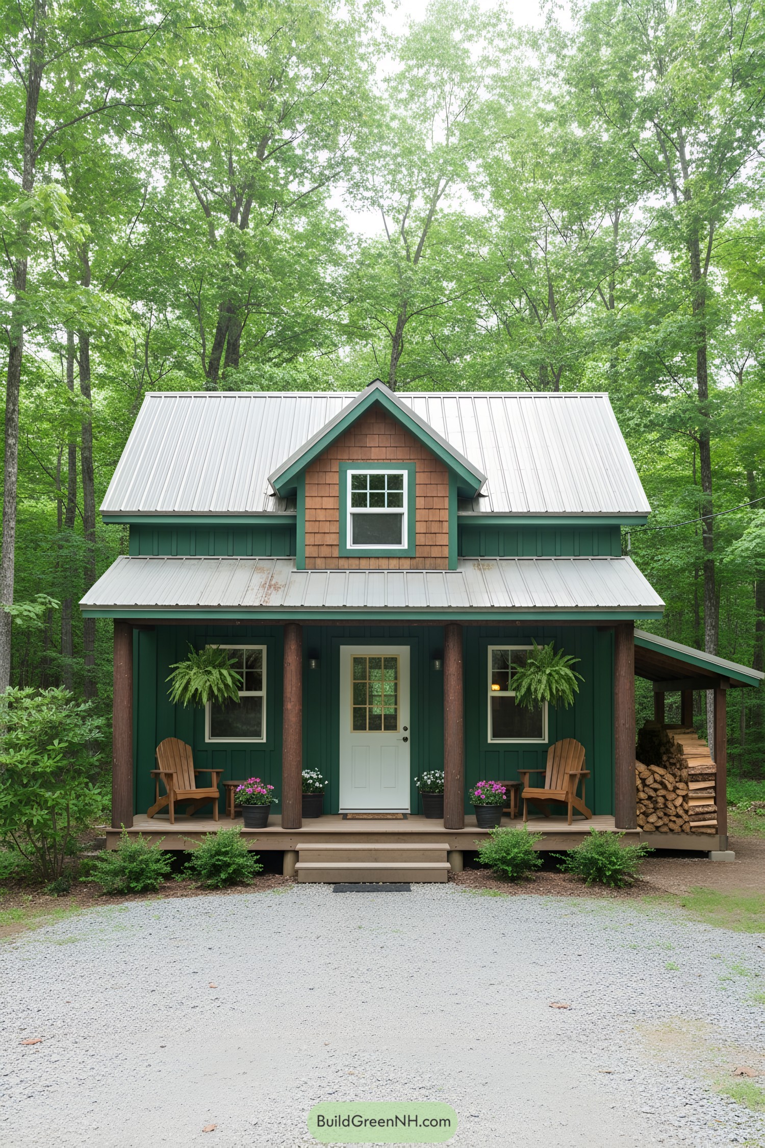 Cozy green cabin nestled in the forest