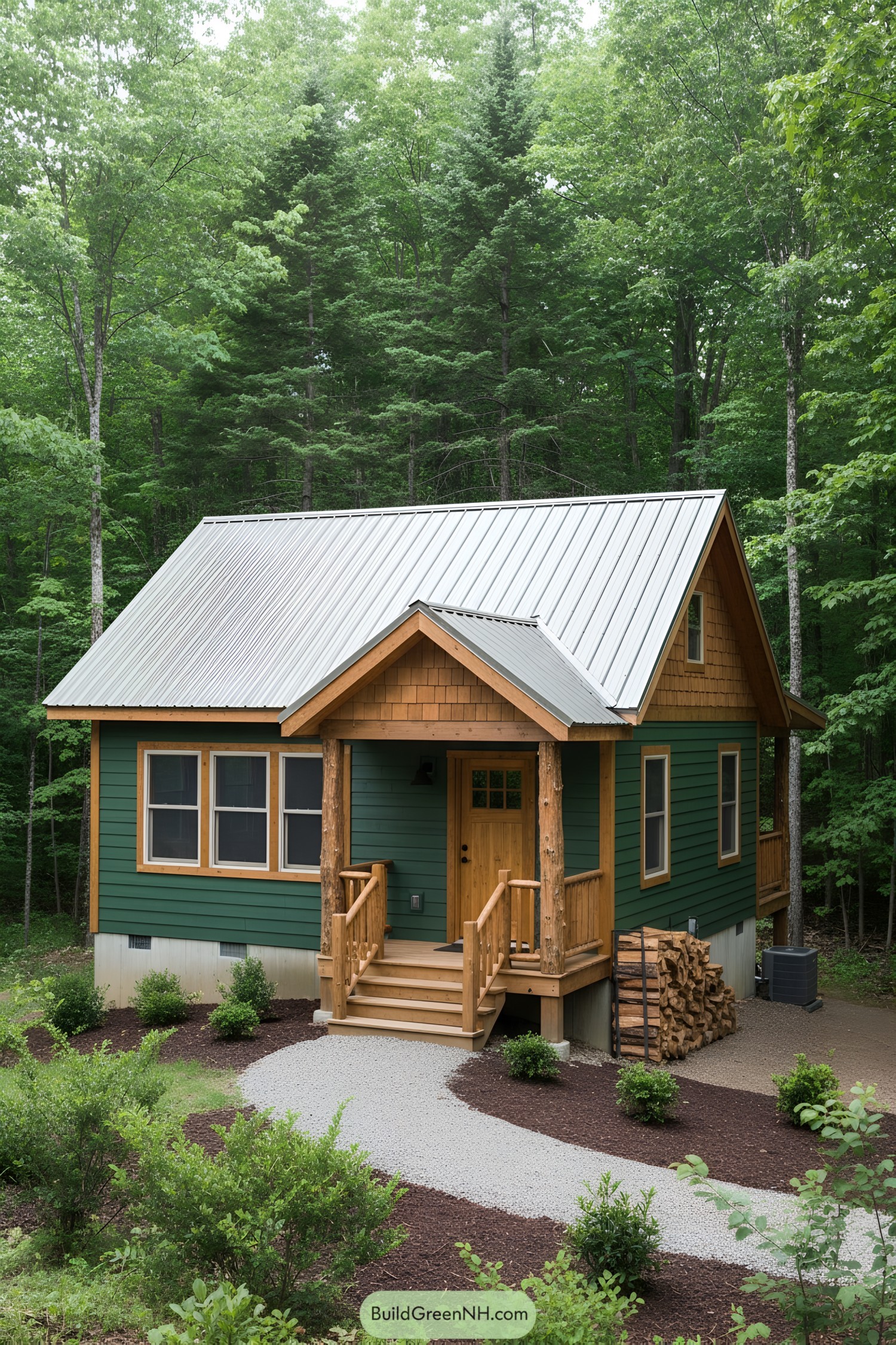 Cozy green cabin nestled among tall trees
