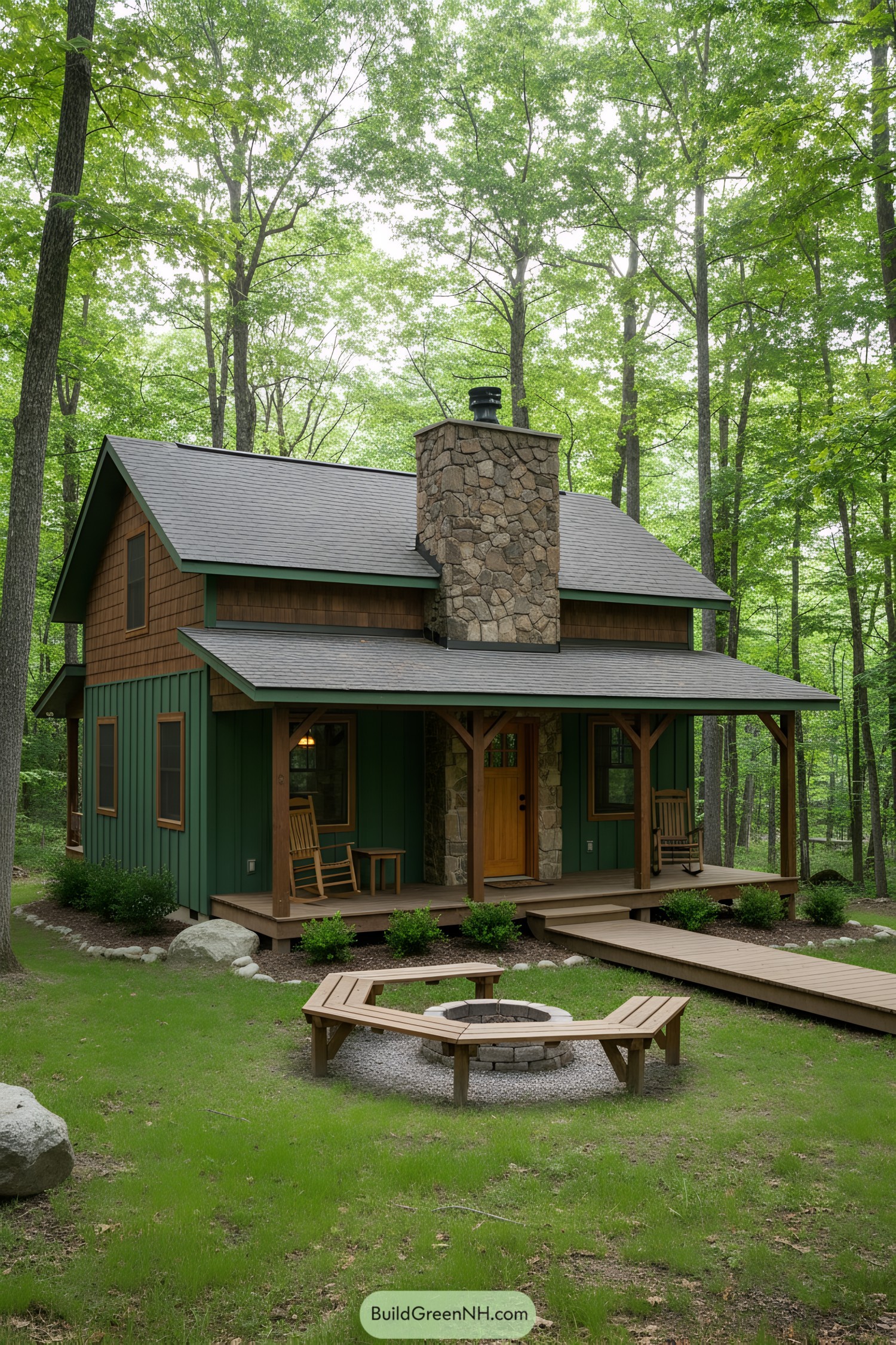 Charming green cabin in a forest setting