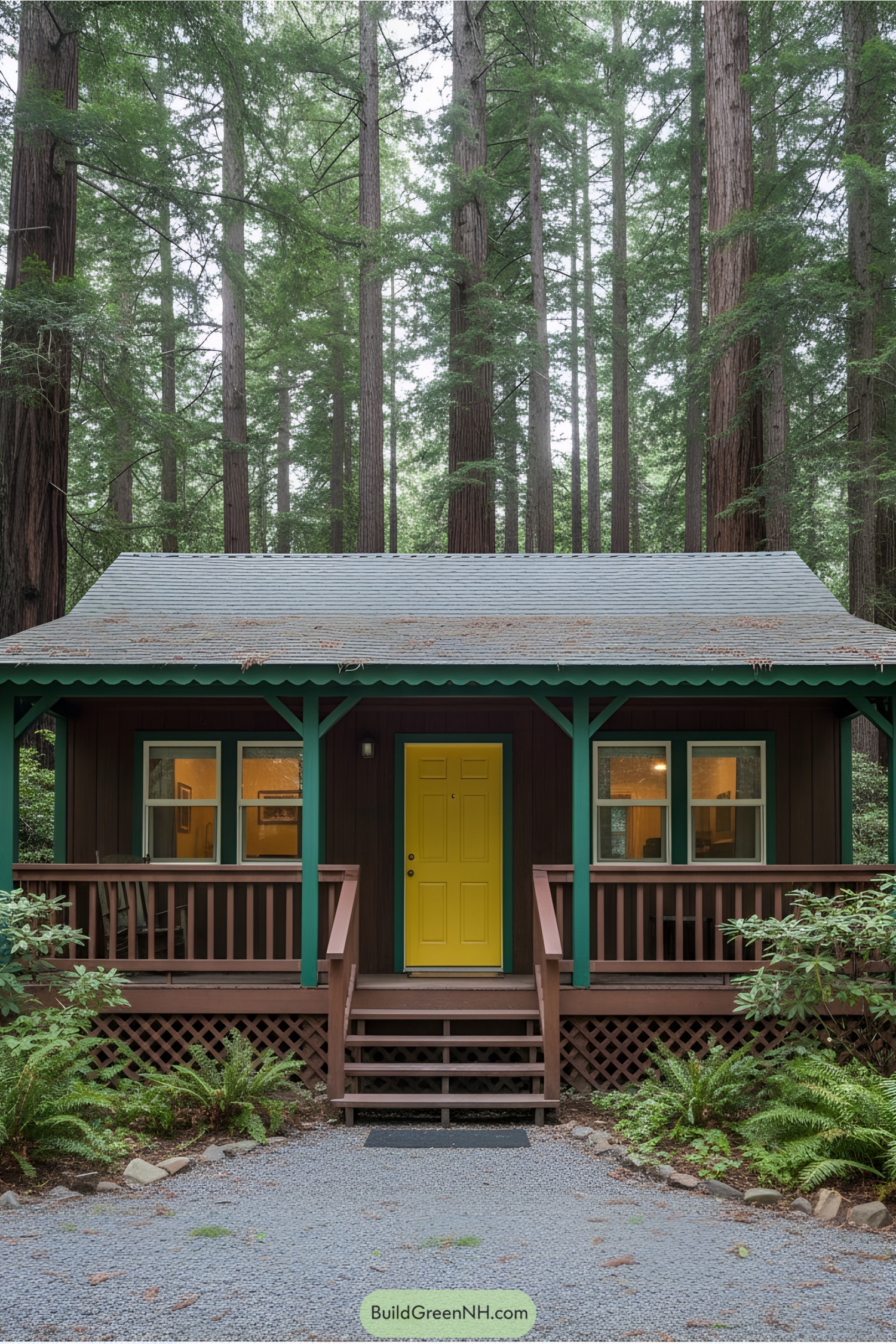 Cozy forest cabin with a bright yellow door