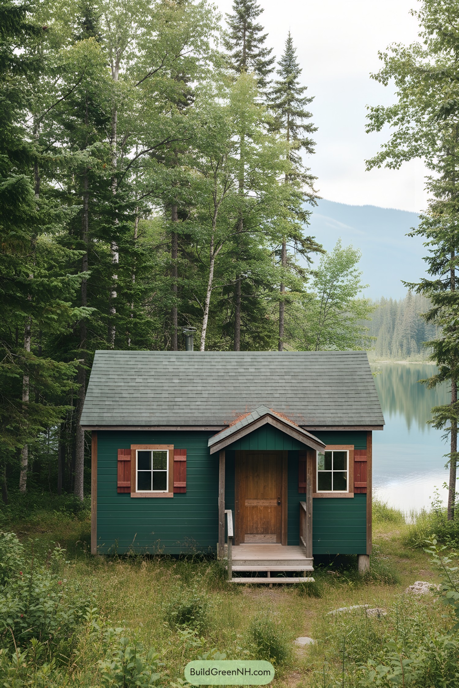 Small green cabin nestled in a forest clearing