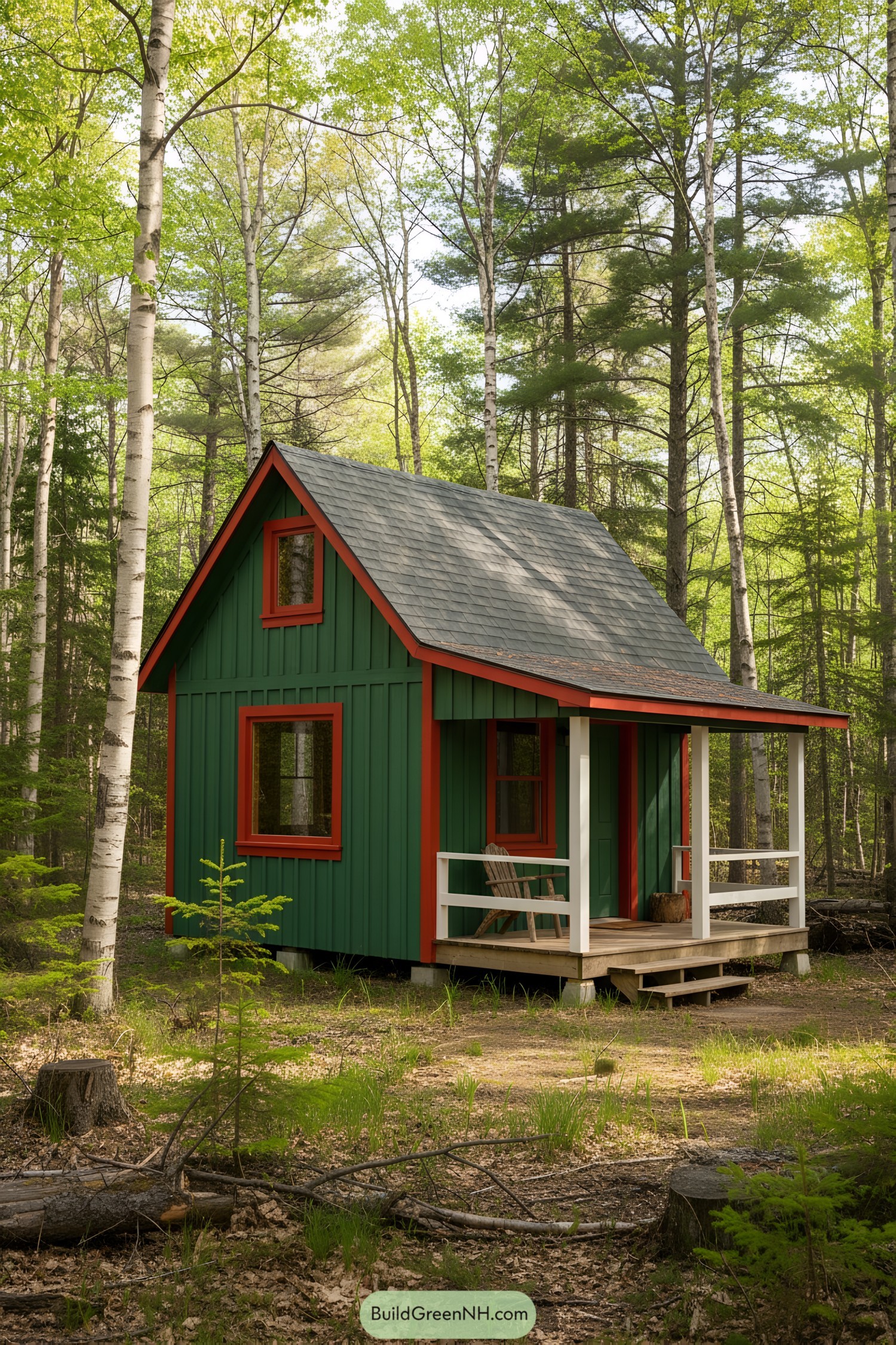 Green cabin nestled among trees