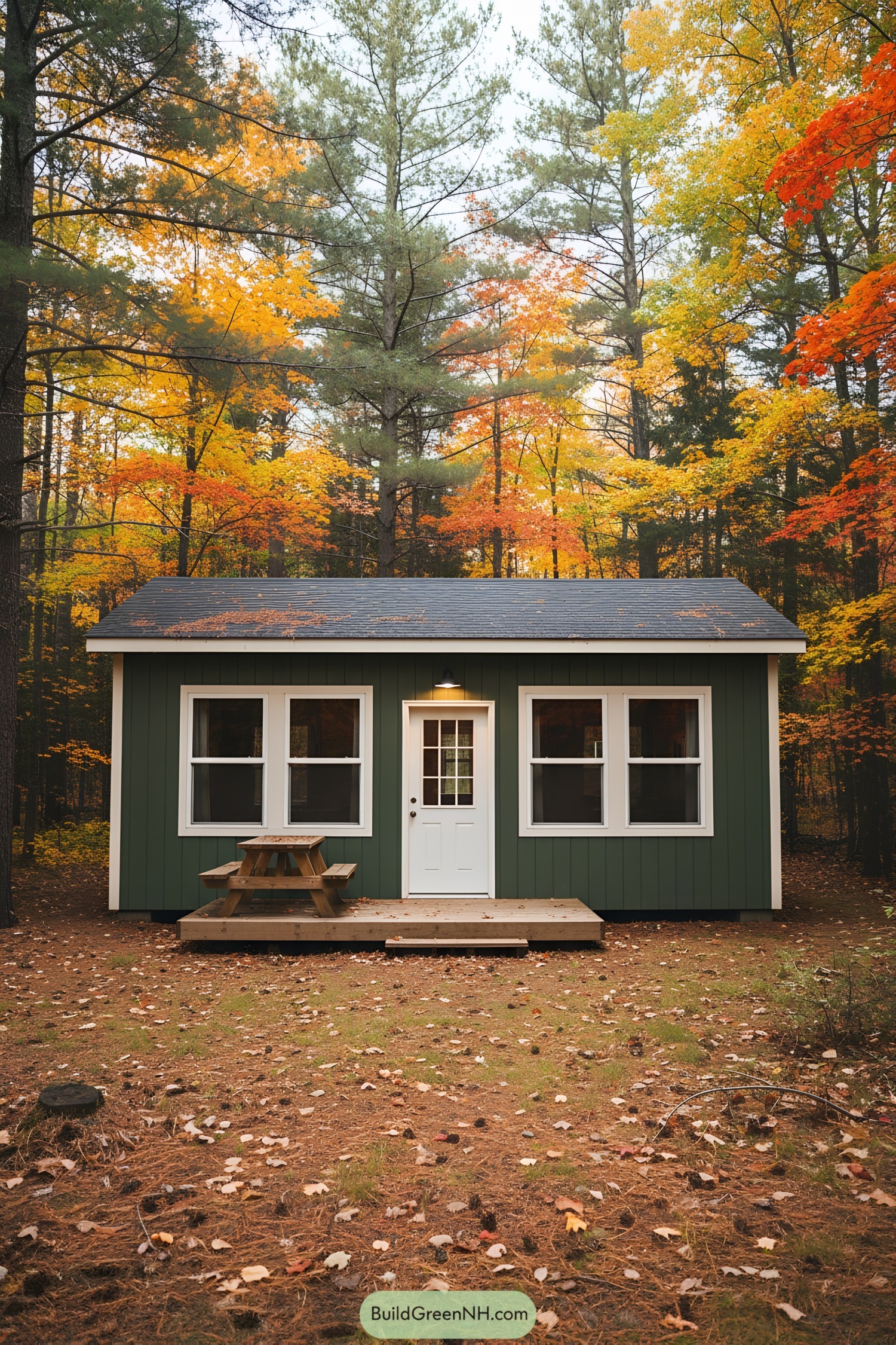 Green cabin nestled in an autumn forest