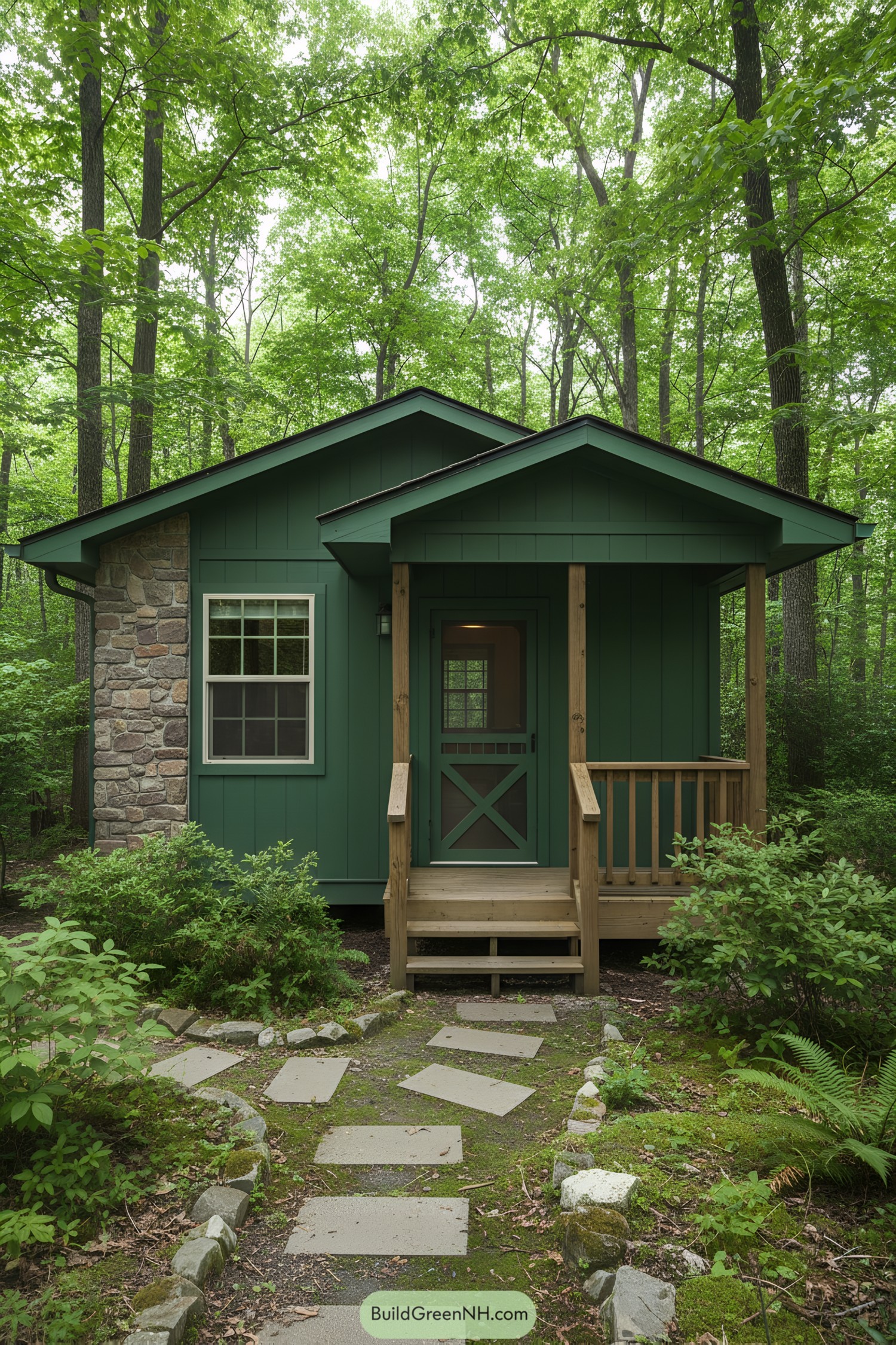 A small green cabin surrounded by lush forest
