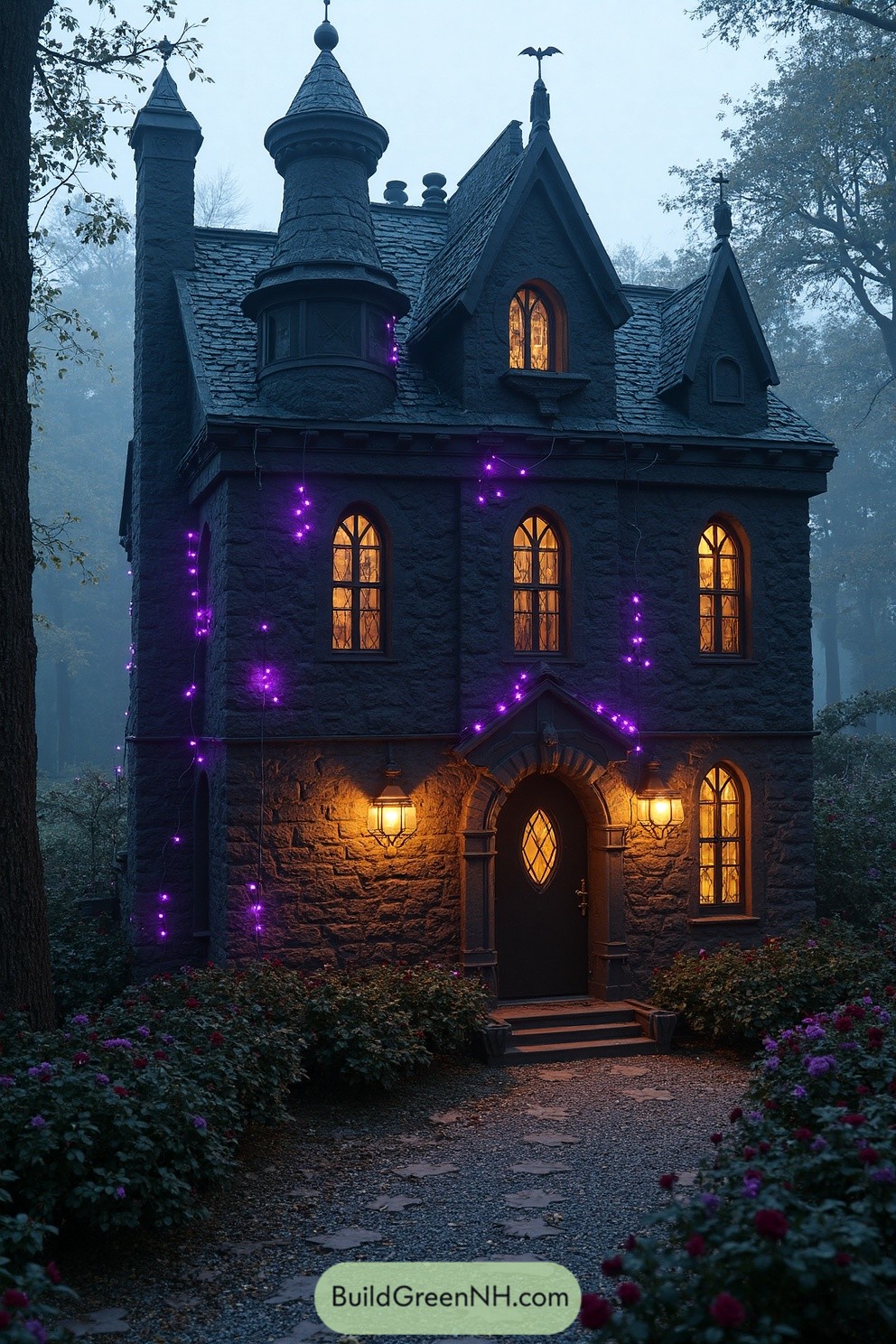 Gothic house adorned with purple lights