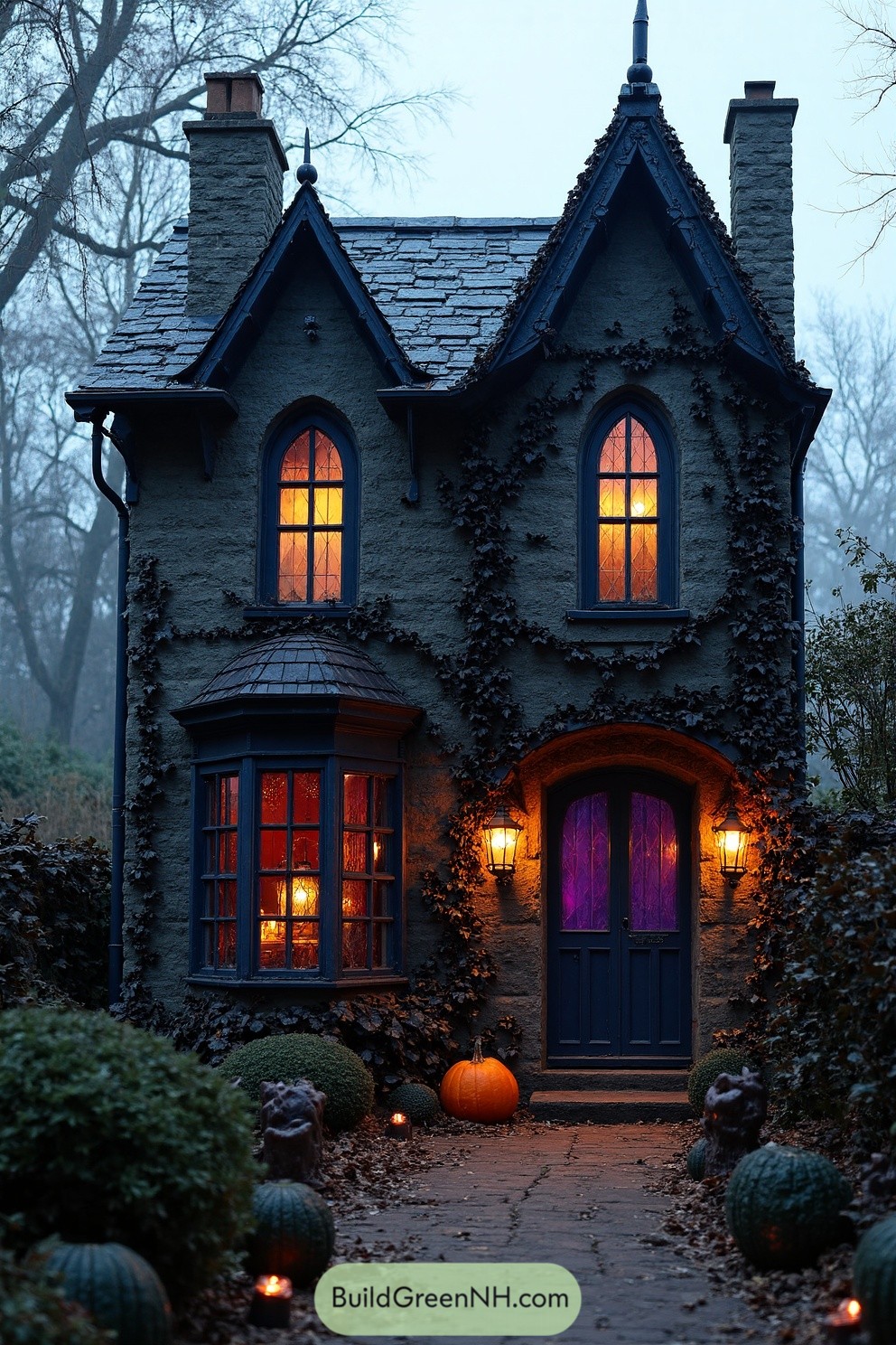 Gothic house with glowing windows and Halloween decor