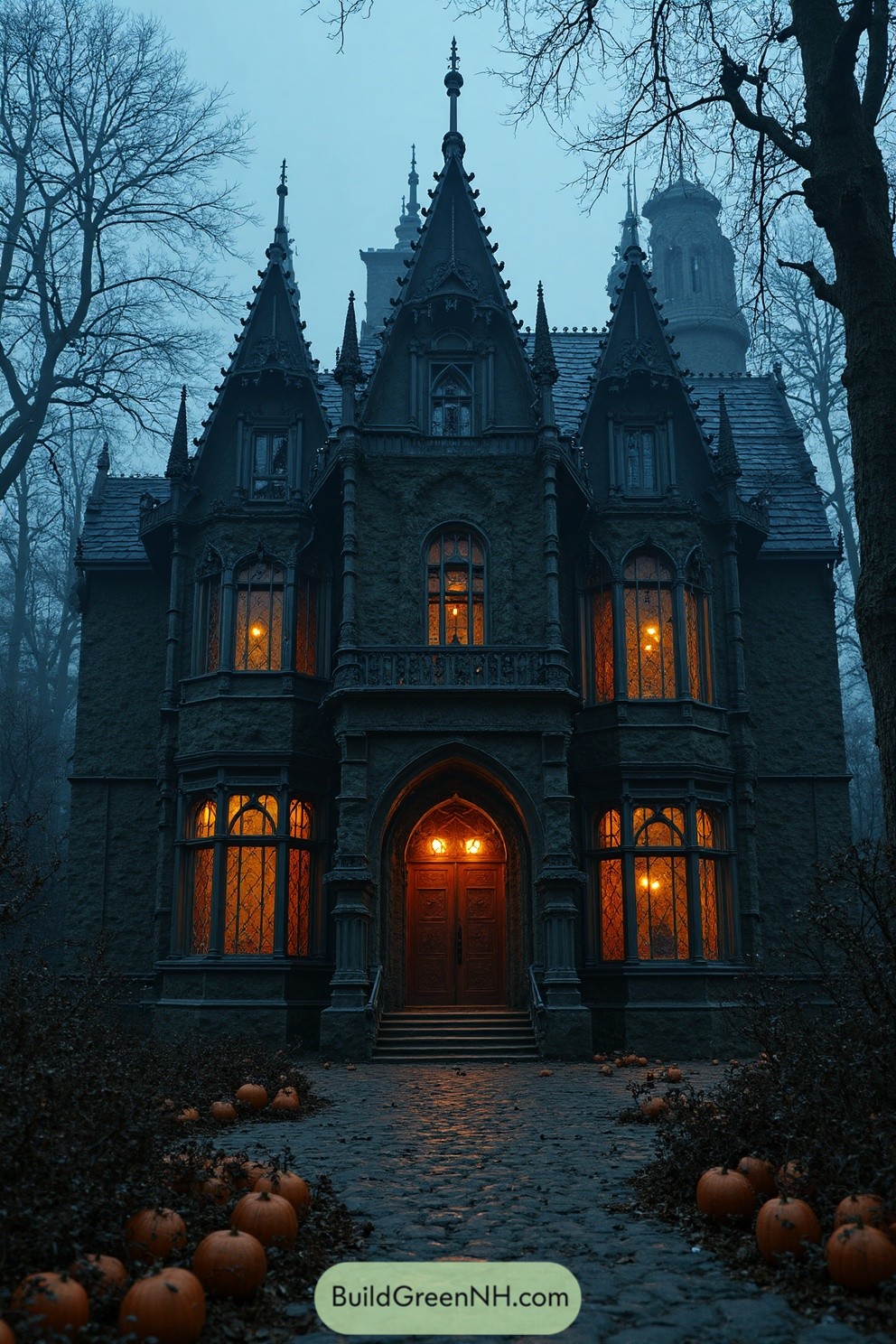 A gothic house illuminated in a misty forest setting