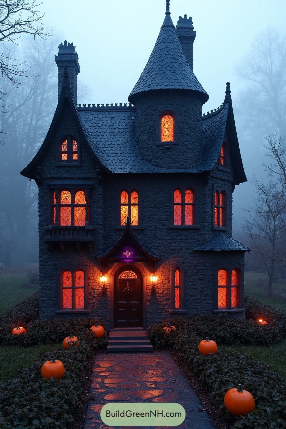 Gothic house aglow with eerie lights and pumpkins