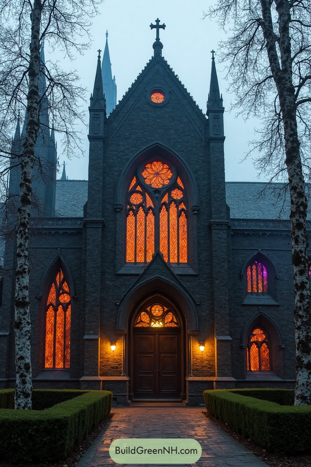 Gothic house with glowing windows in a misty forest
