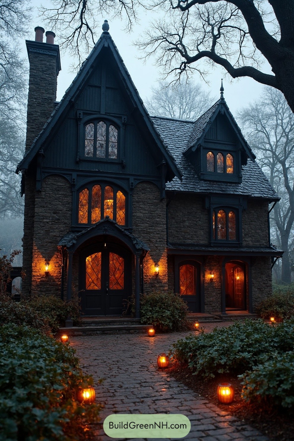 Gothic house with glowing windows in a misty forest, decorated for Halloween