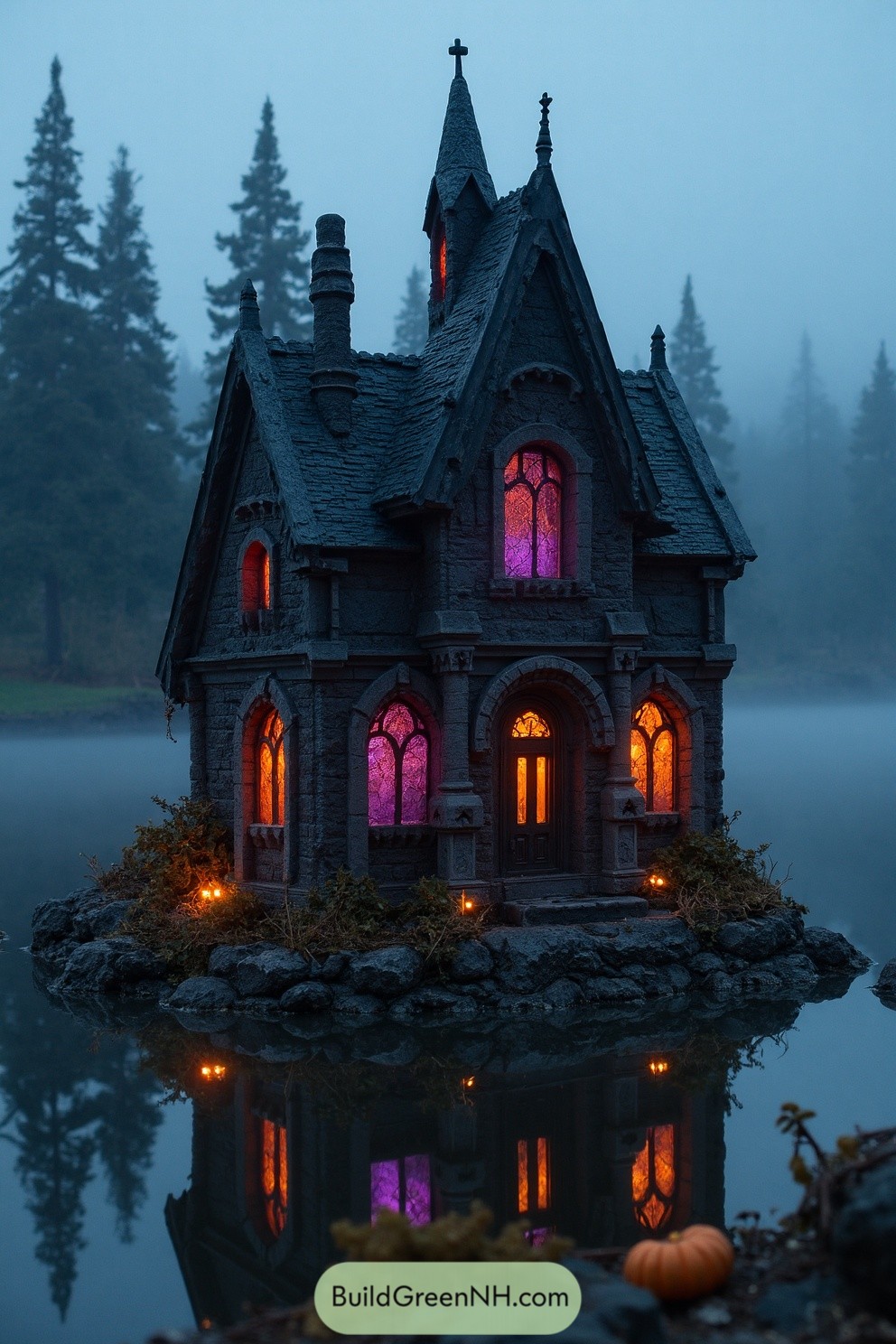 Gothic house with glowing windows in a misty forest