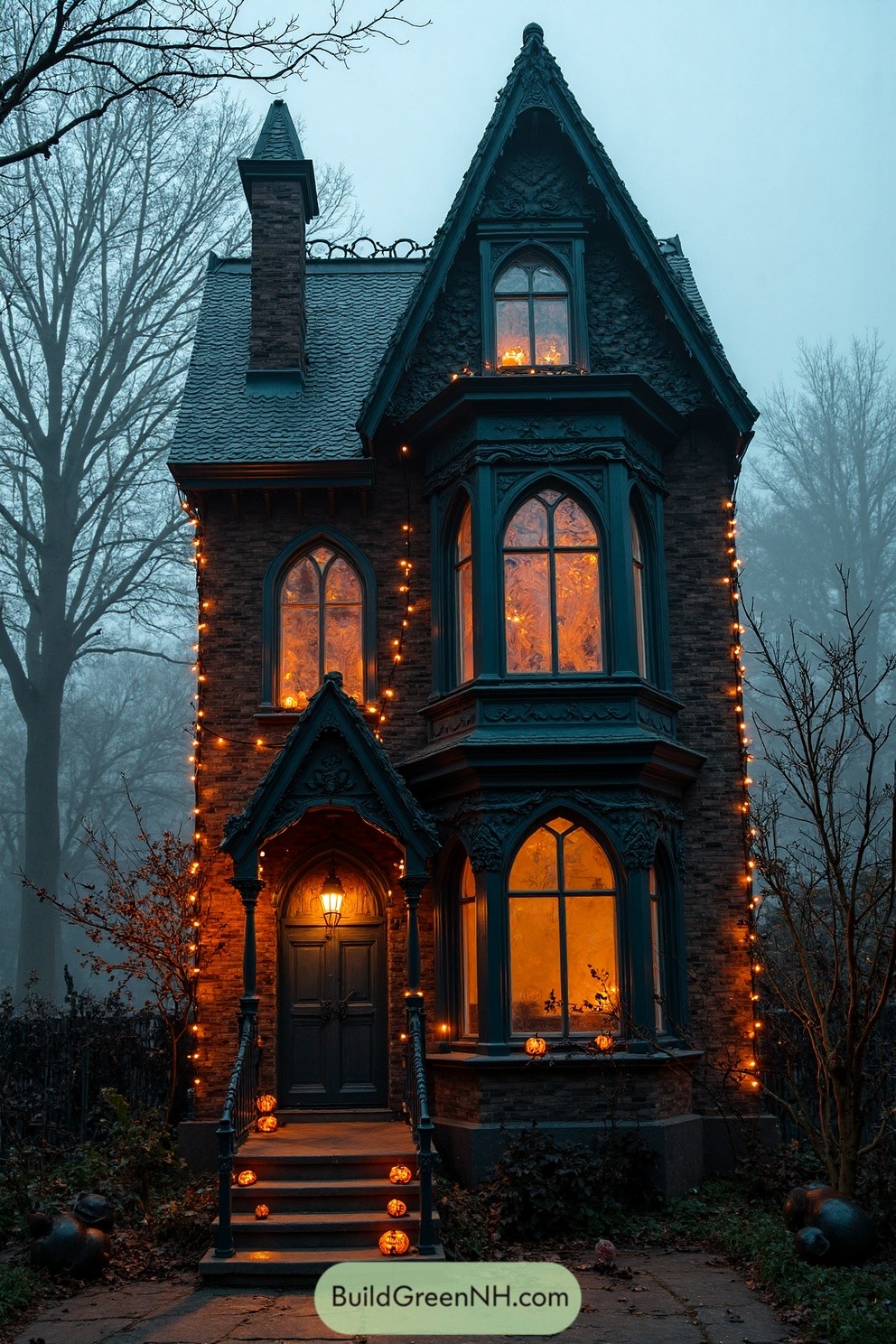 Gothic house with Halloween lights in misty forest