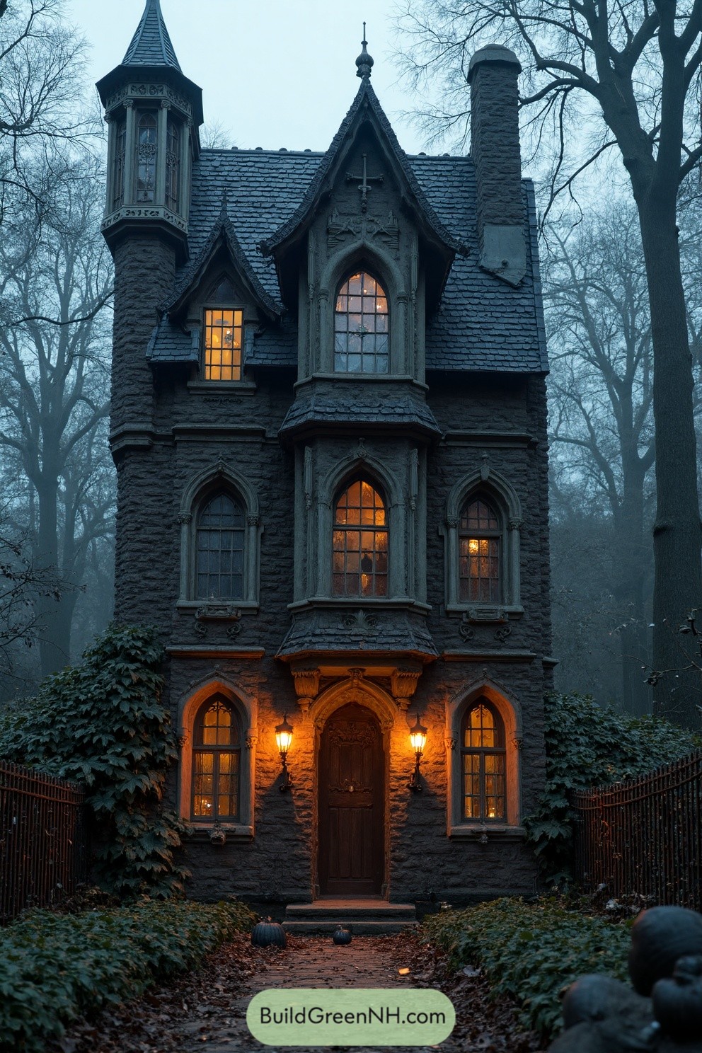 Gothic house with glowing windows and eerie forest backdrop