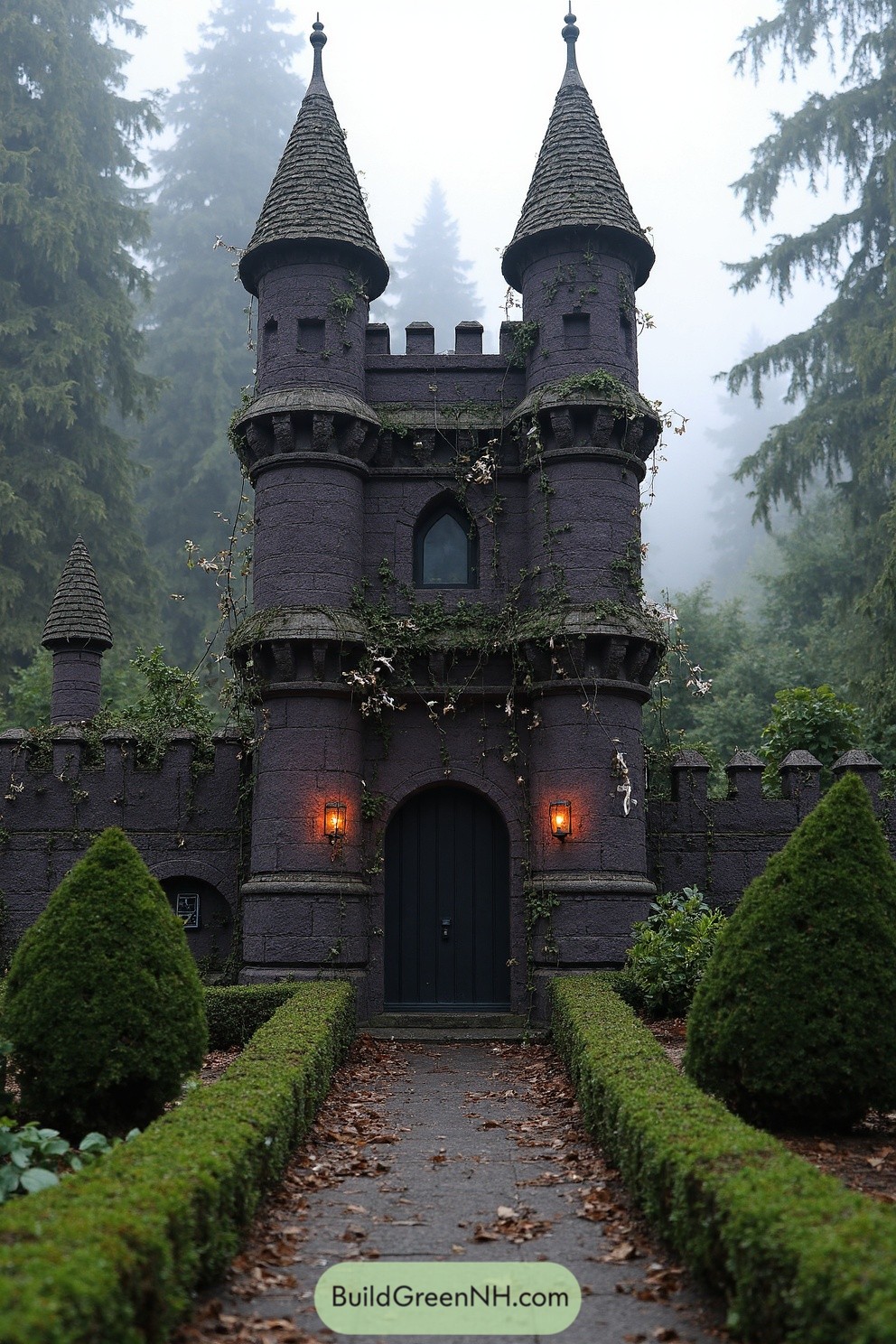 Gothic house with turrets in a misty forest, glowing with lights