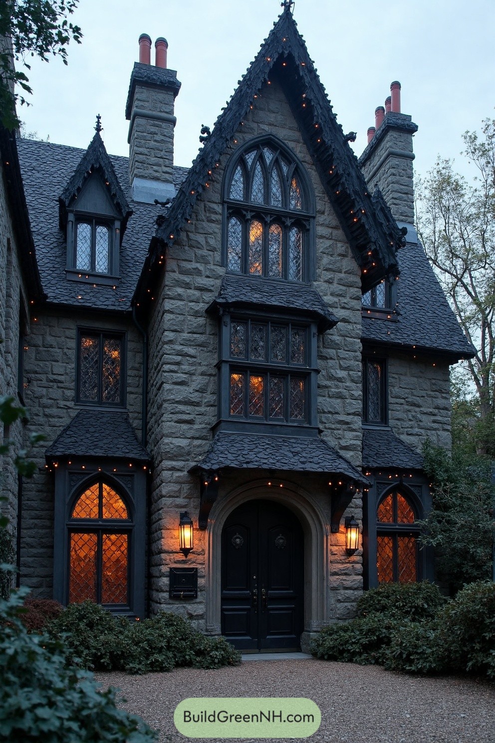 Gothic house with lights in a misty landscape