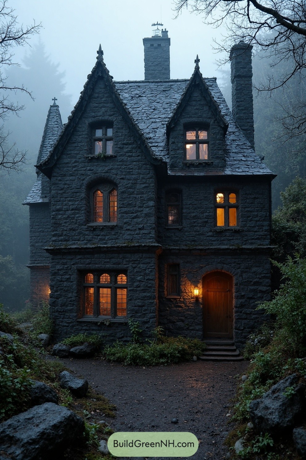 Gothic house glowing in a misty forest
