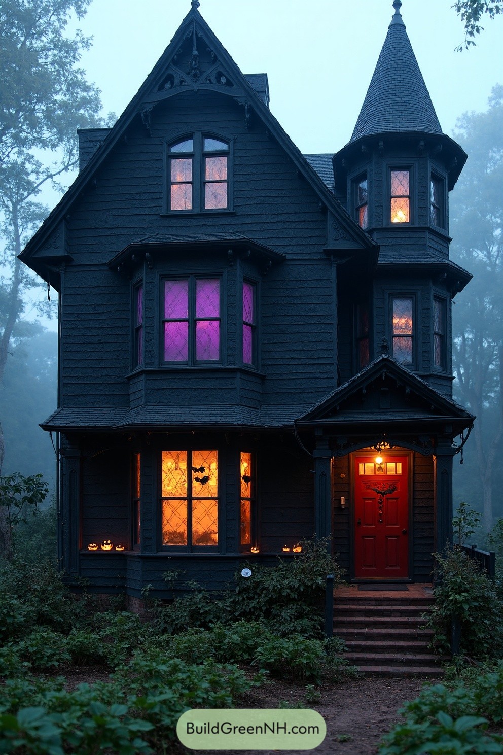 Gothic house with colorful lights in a misty forest