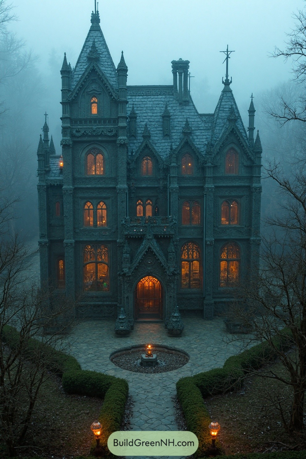 Gothic house glowing with Halloween lights in a misty forest