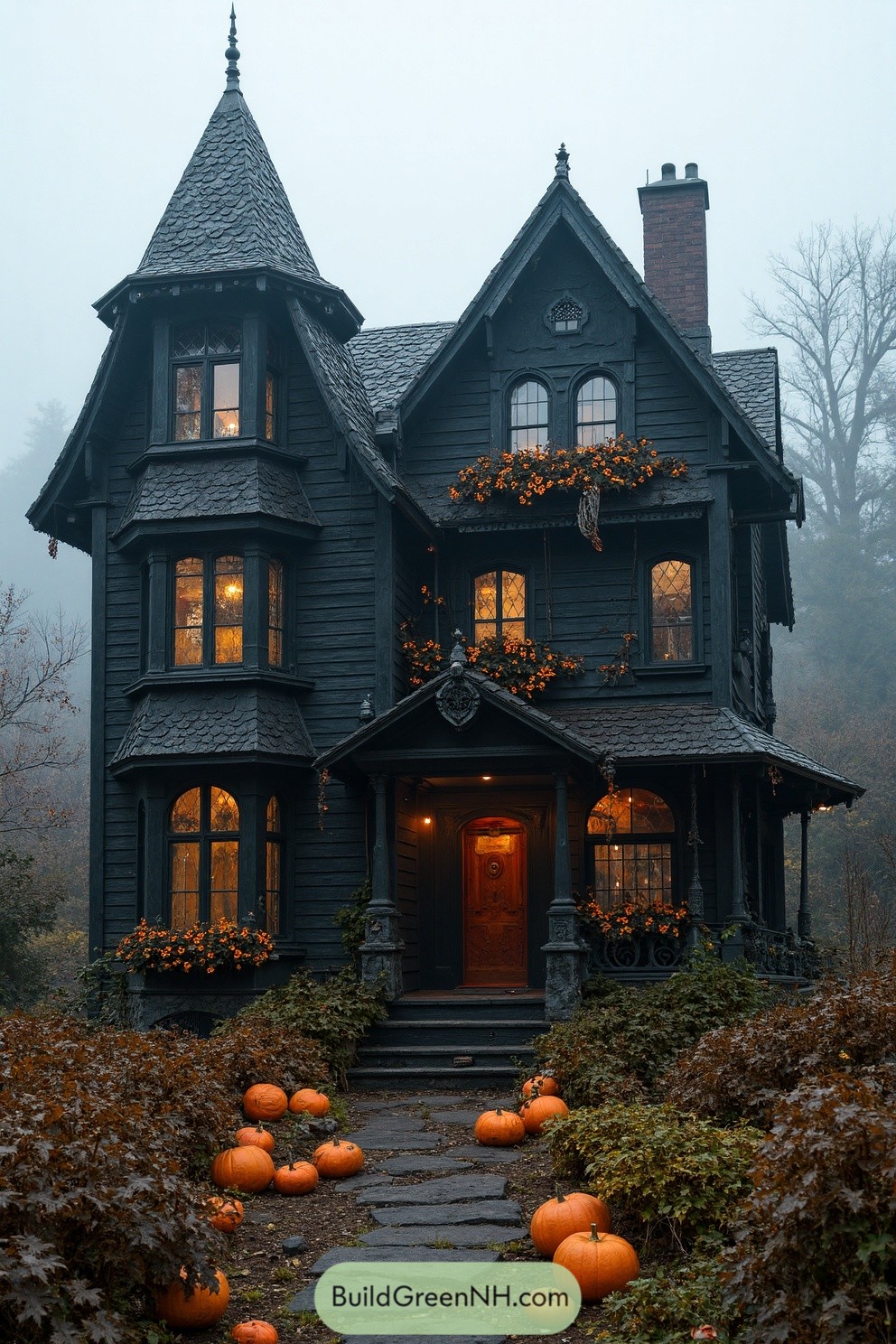 Dark gothic house illuminated with warm lights and surrounded by pumpkins in a misty forest
