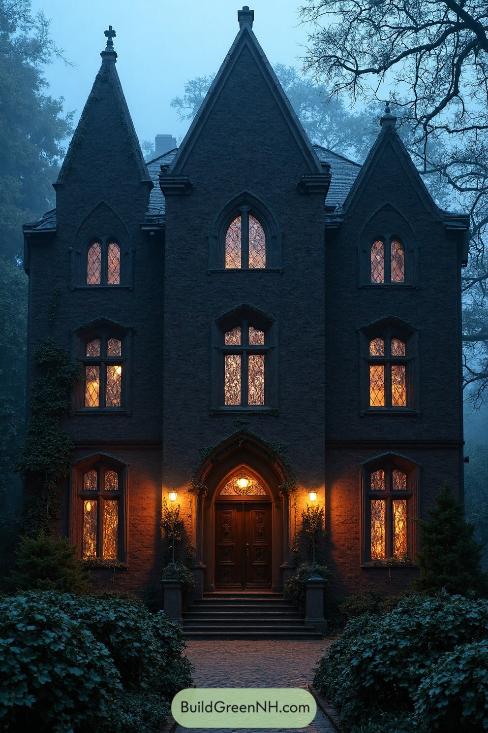 Gothic house in a dark forest, illuminated for Halloween