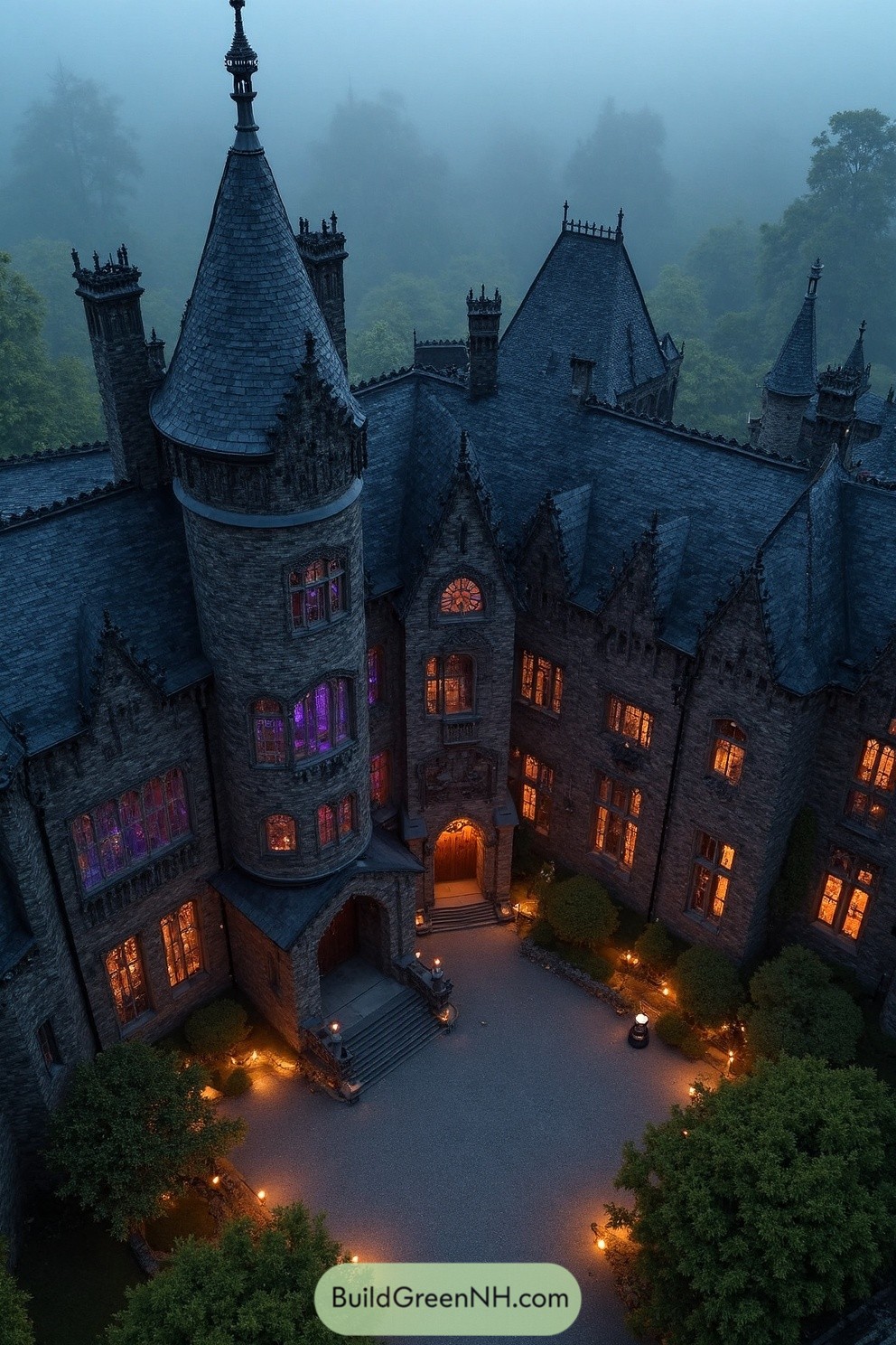 Gothic mansion adorned with Halloween lights in a misty forest