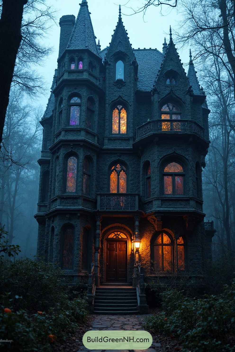 Gothic house in a misty forest with glowing windows