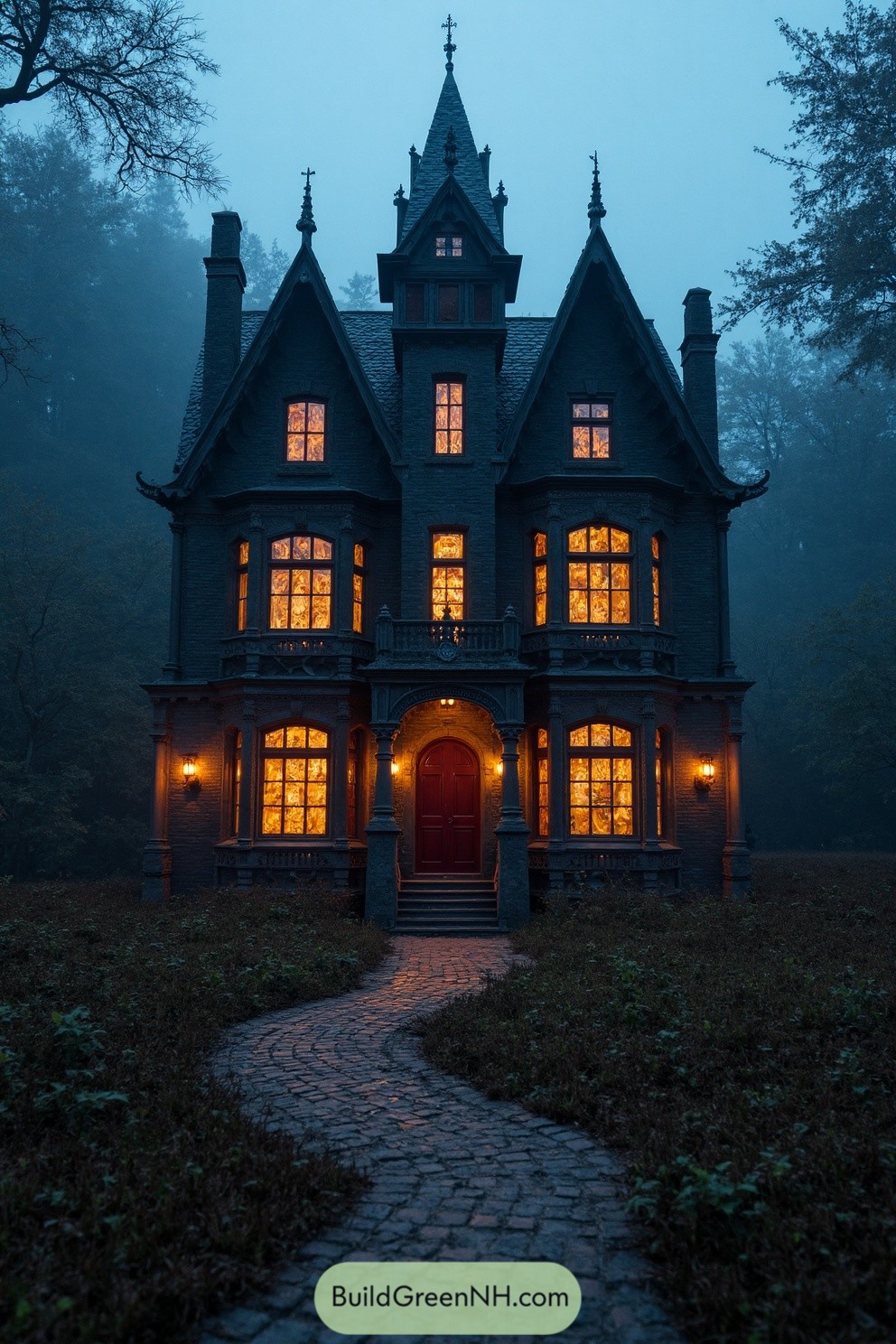 Gothic house lit up amidst a foggy forest setting